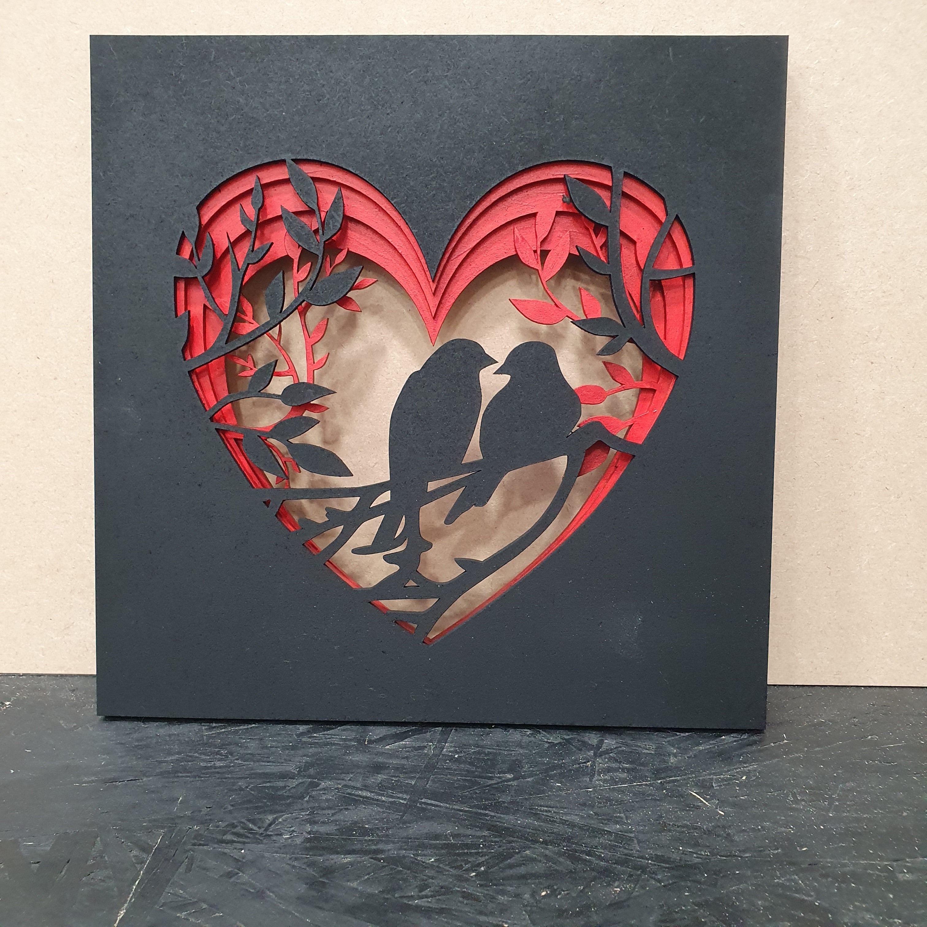 Love Birds Heart Layered Wall Art – Hand-Painted 3D Multi-Layer Silhouette Decor