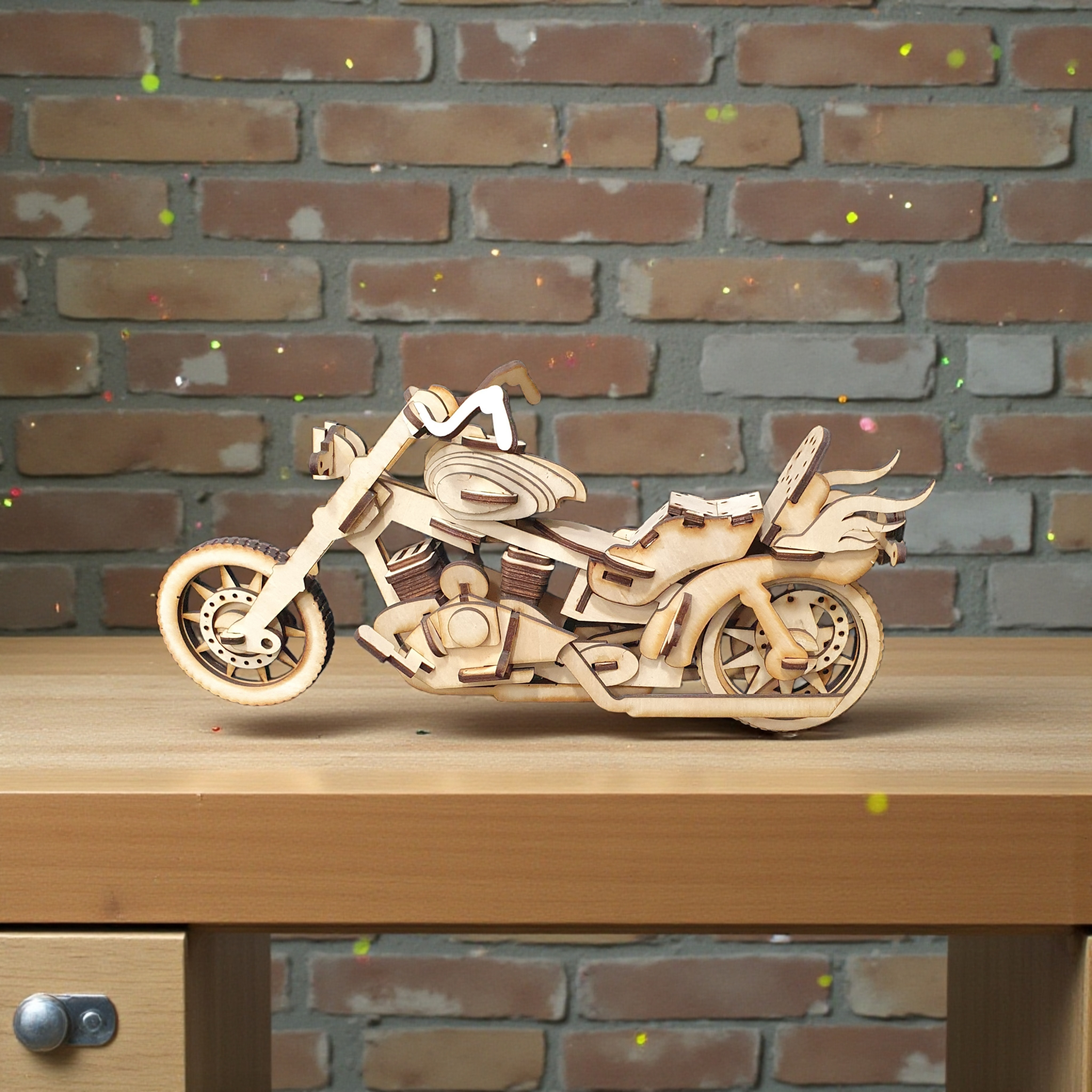 Laser-cut wooden Harley motorcycle 3D model made from 3mm