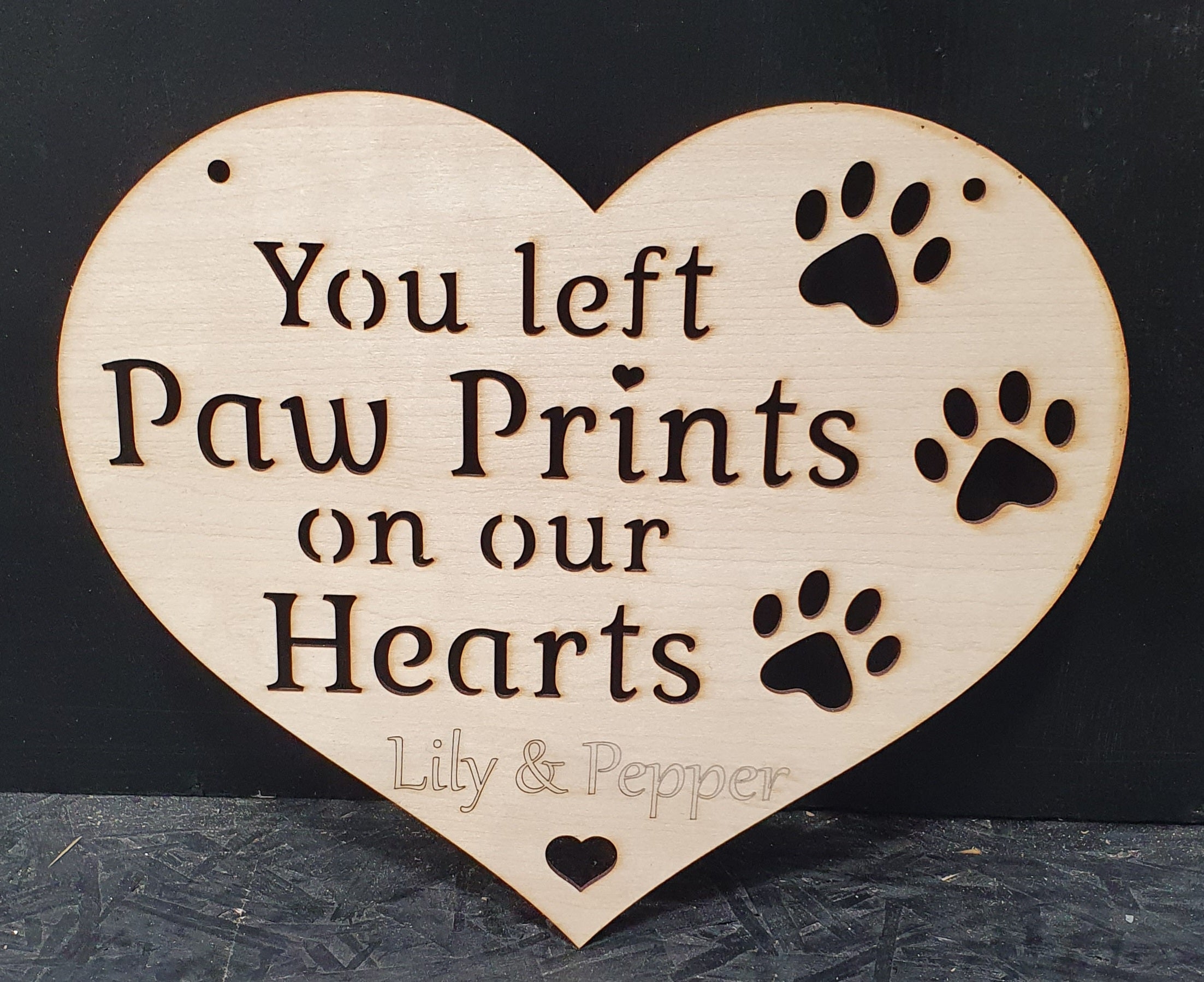 Personalised Paw Prints on Our Hearts Memorial Plaque – Laser-Cut Pet Remembrance Heart (25cm)