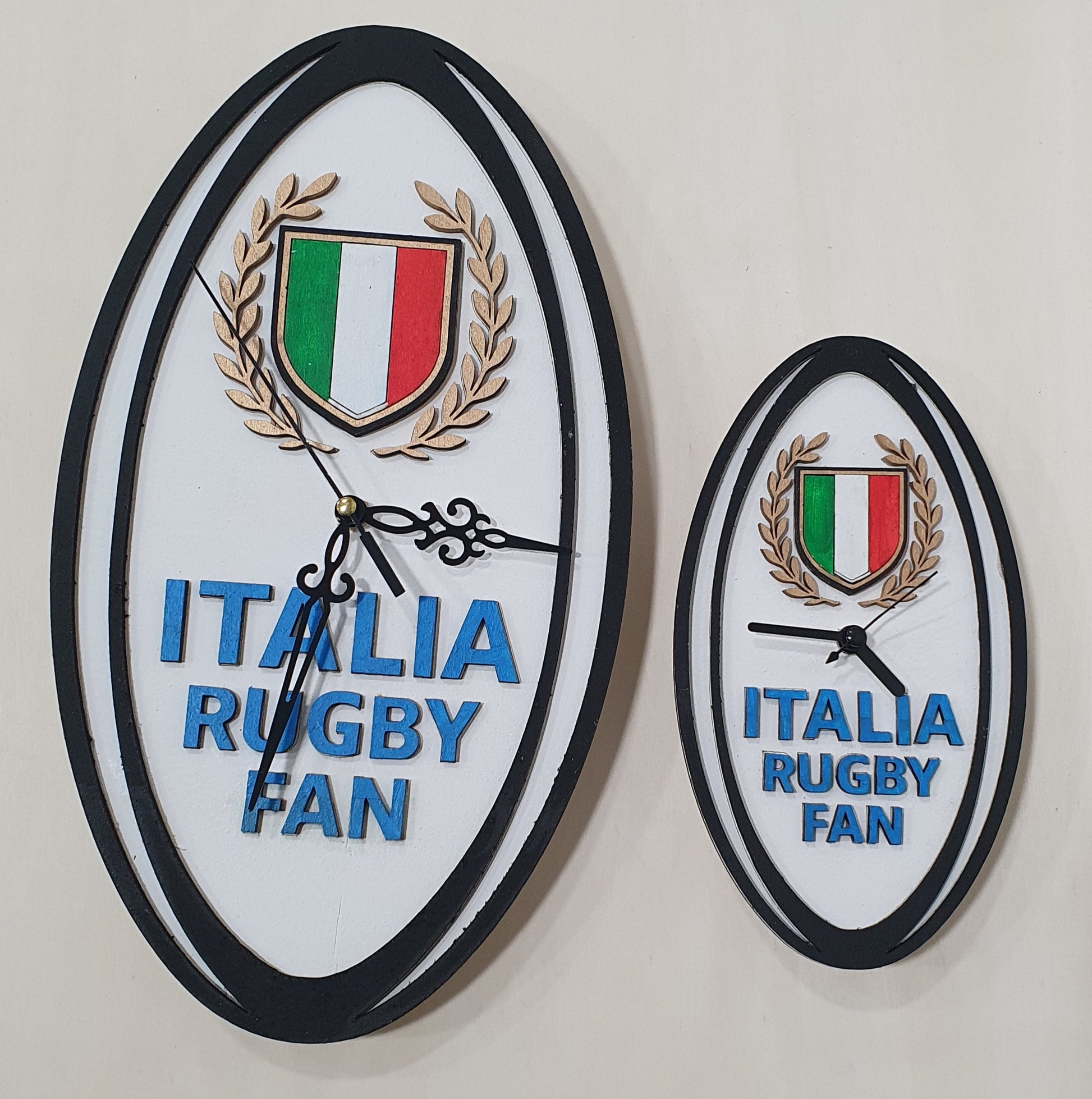 hree size options of rugby ball clocks for Six Nations team supporters