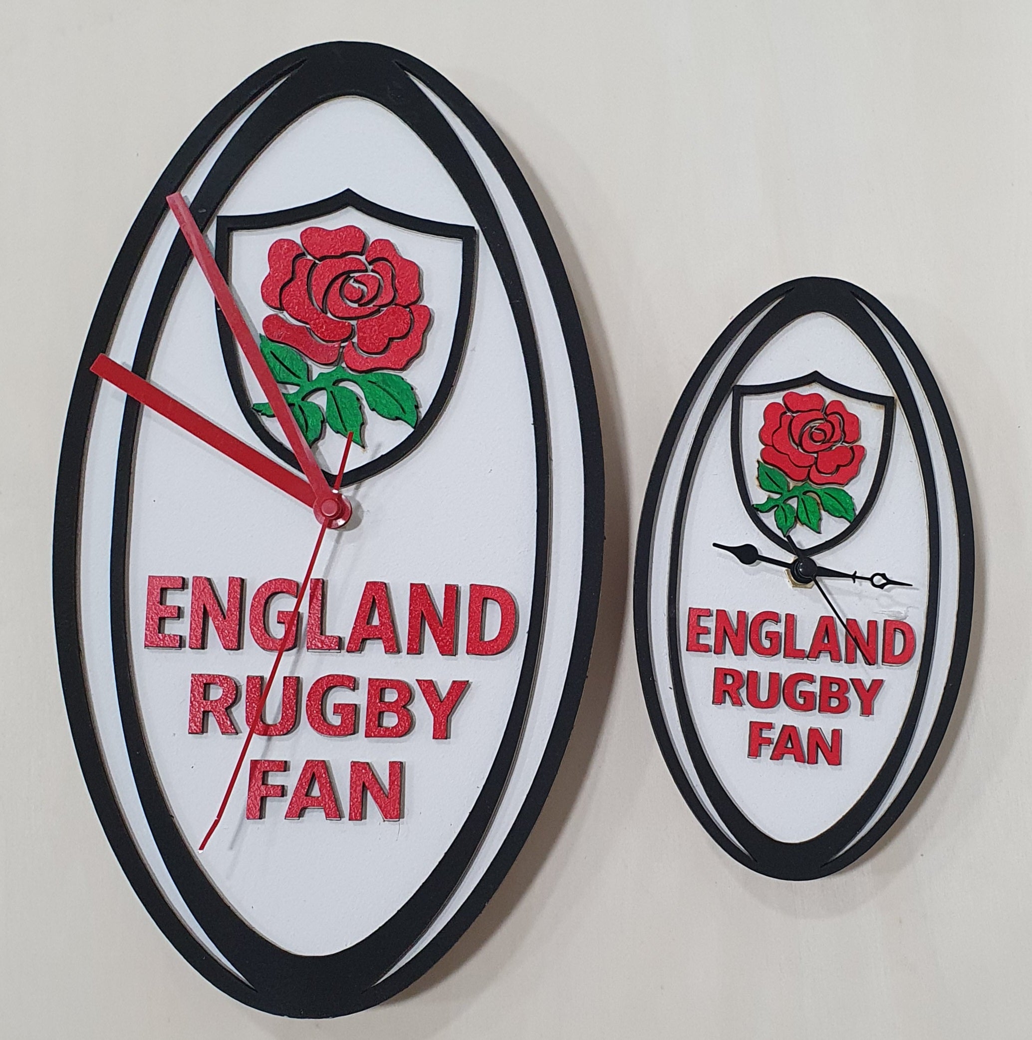 Handcrafted rugby ball wall clock in England, Scotland, Wales, Ireland, France, or Italy designs