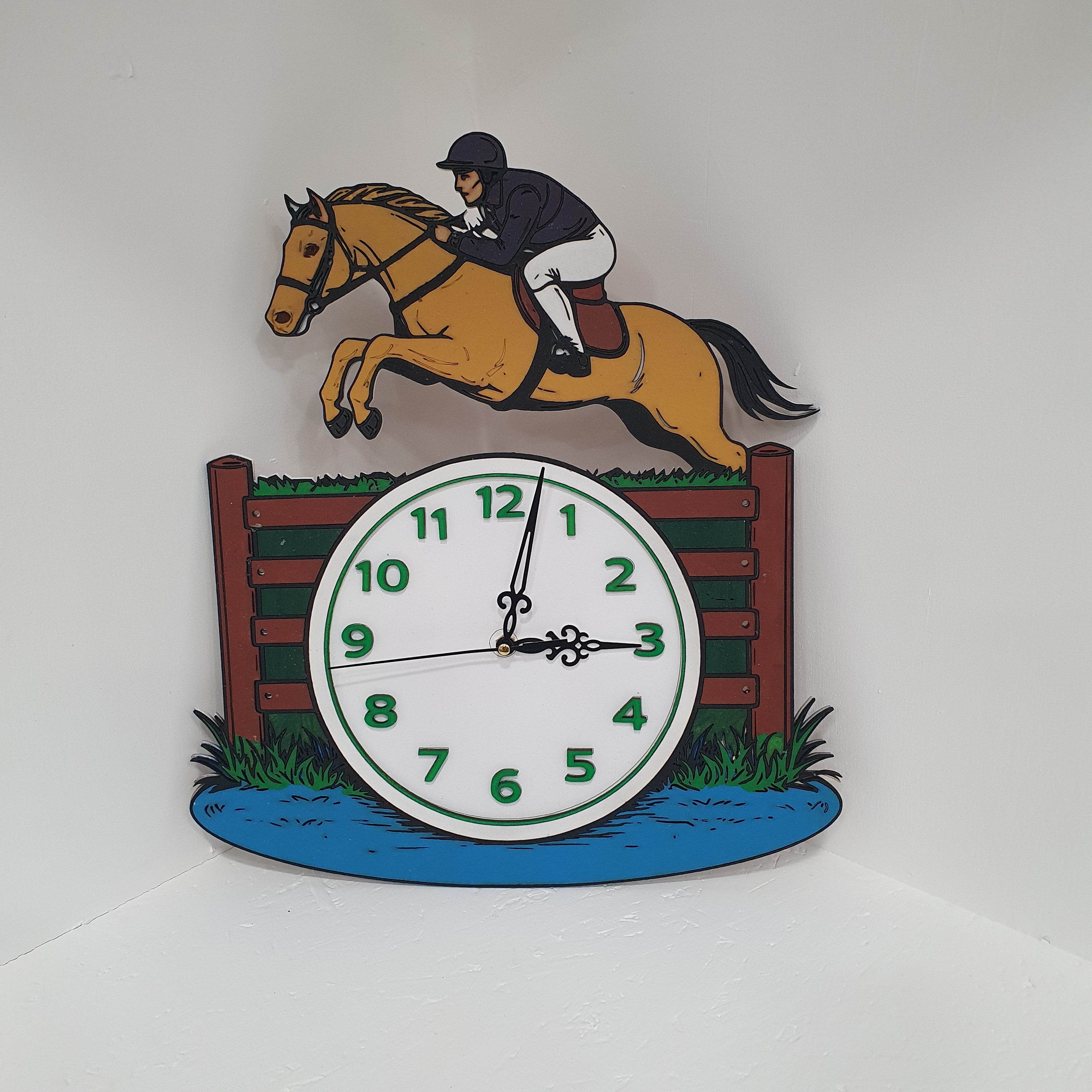 Race Horse Show Jumper Wall Clock – Jumping Horse Over Water Fence – Custom Horse Colours – Unique Equestrian Decor