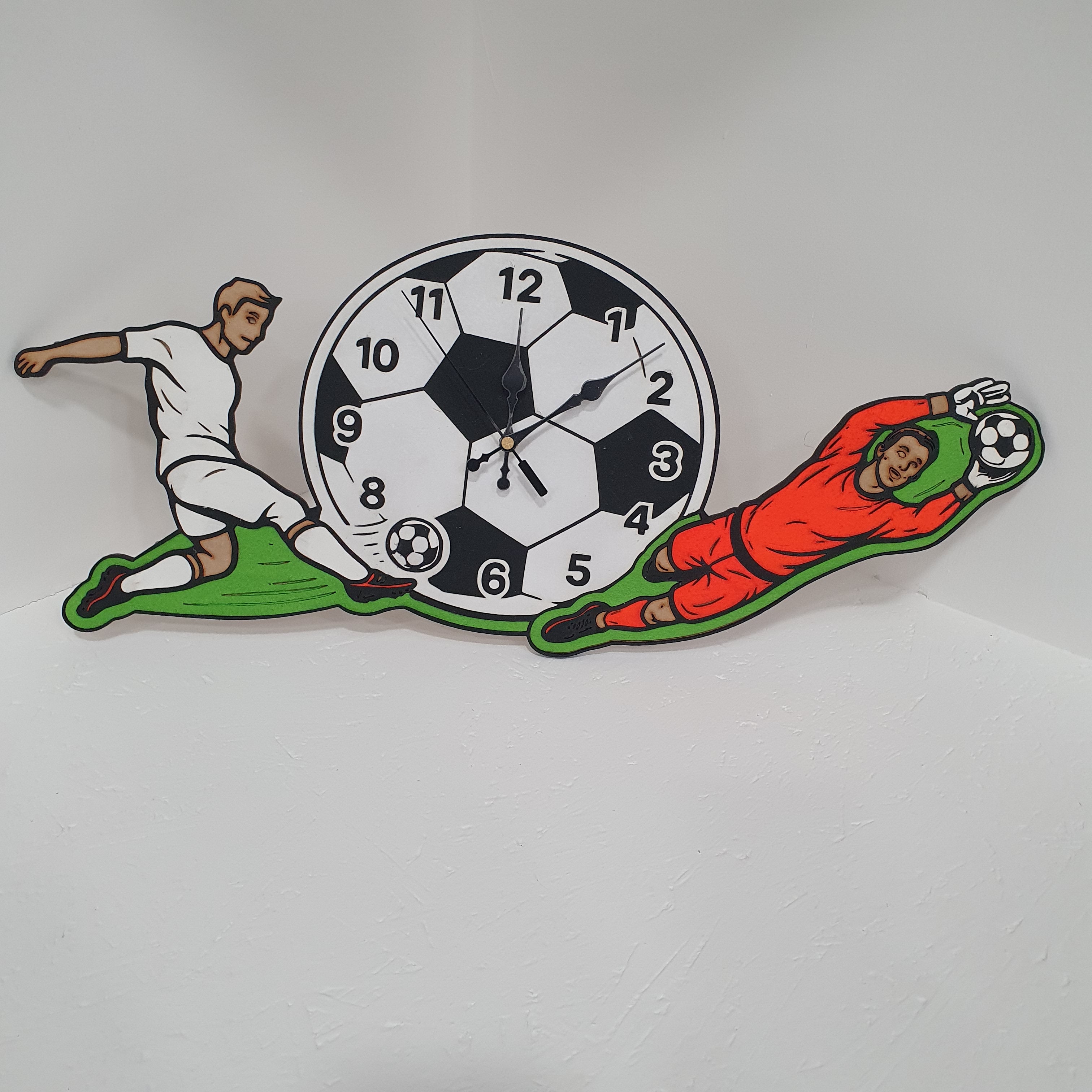 custom football wall clock with striker and goalkeeper design,