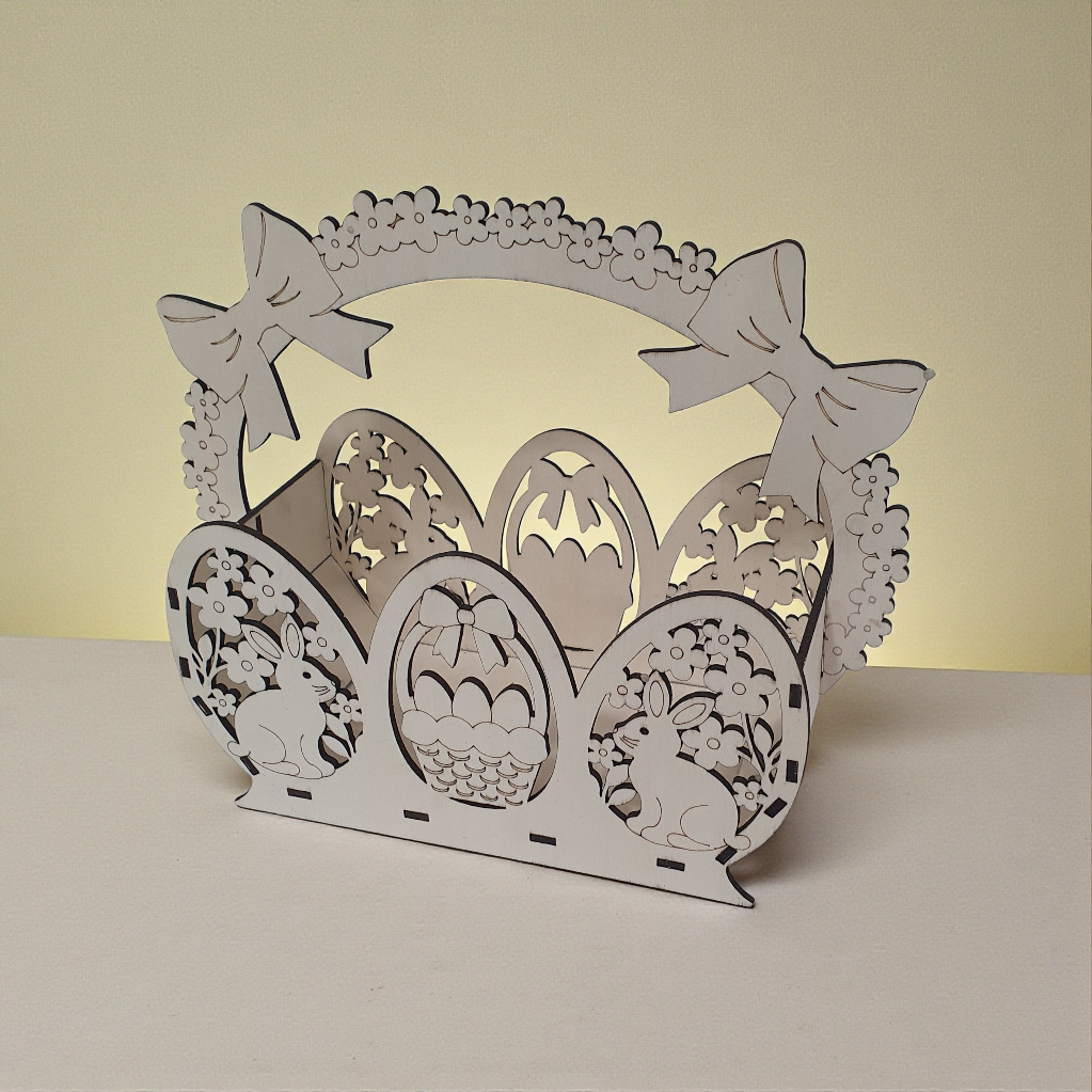 Laser cut wooden Easter Bunny egg basket kit made from 3mm plywood, flat packed craft kit with paint and glue included