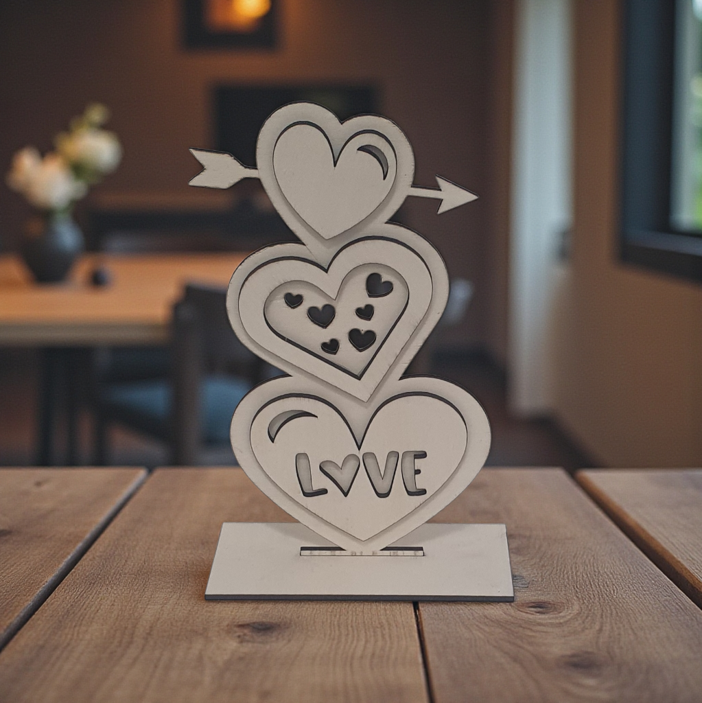 Wooden LOVE heart table decoration, freestanding laser cut ornament
