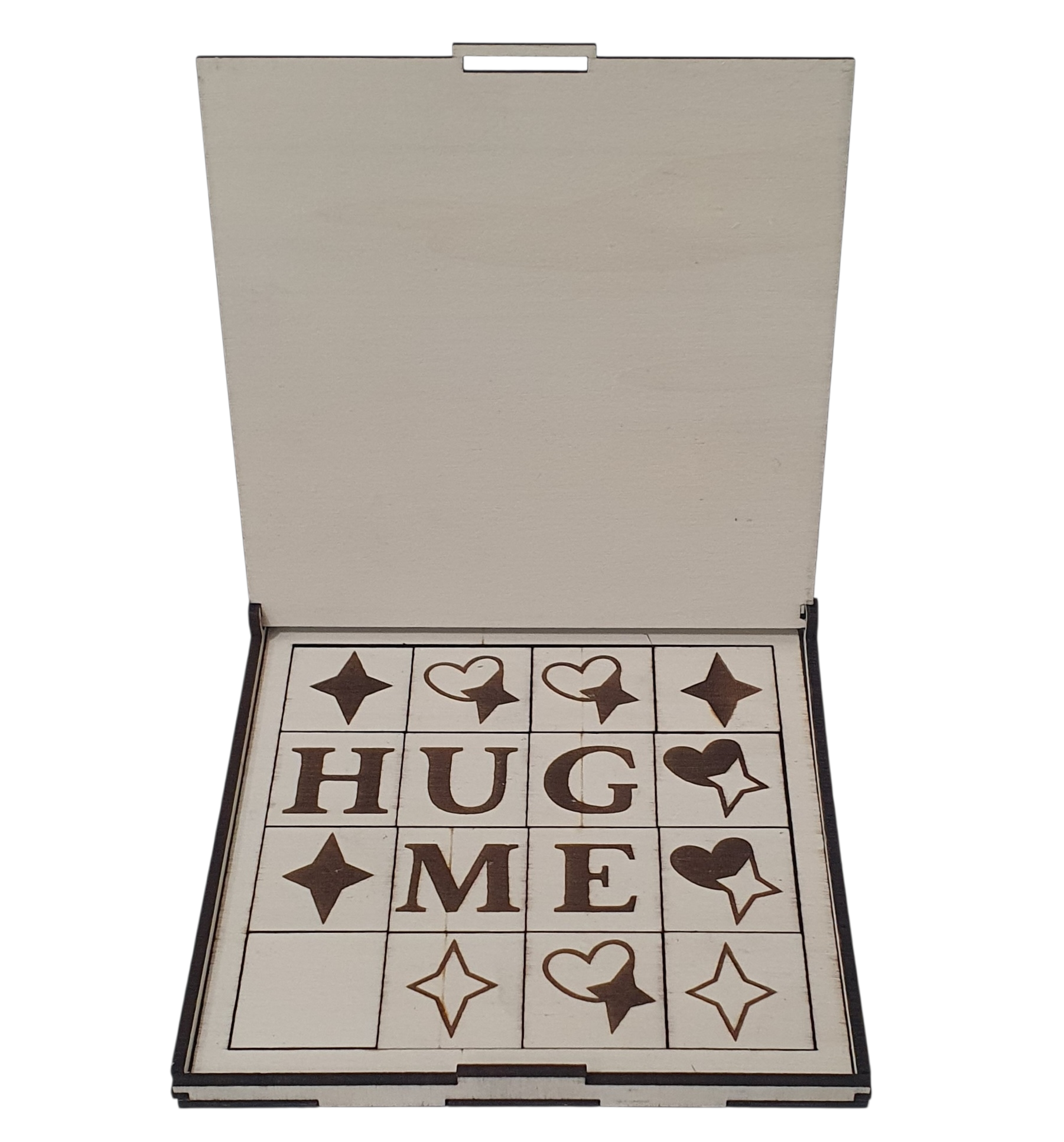 Laser cut wooden puzzle box gift with letter tiles and heart symbols, 14x14cm