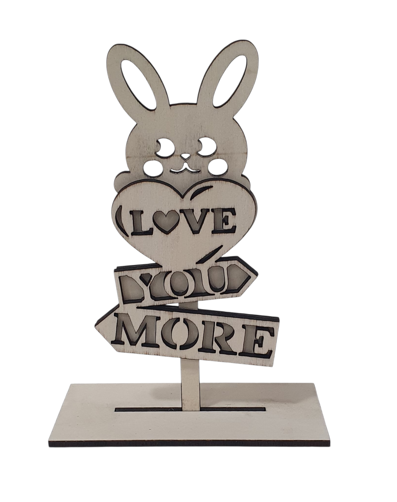 Wooden “Love You More” bunny table decor with heart and directional sign