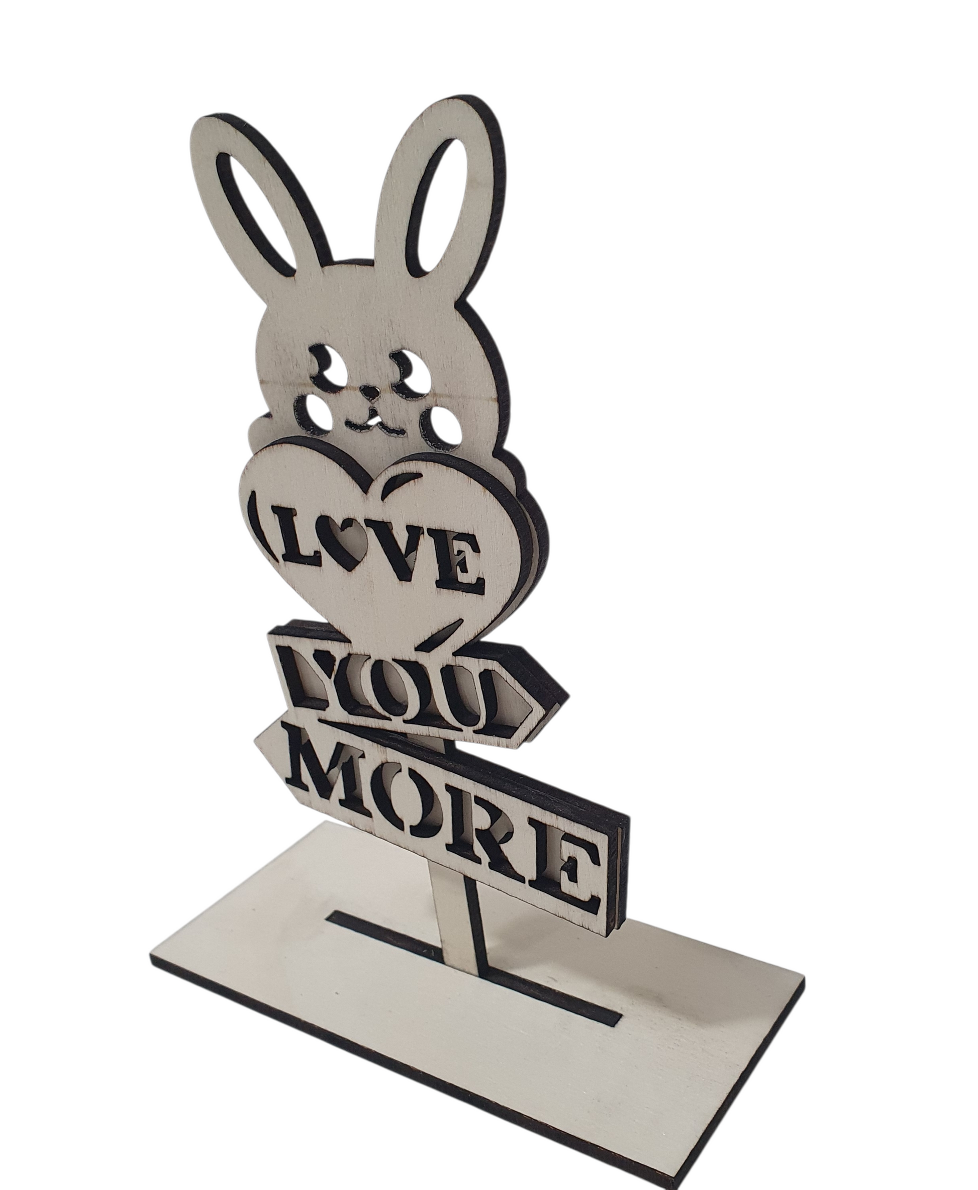 Small wooden bunny love ornament, freestanding home decor piece