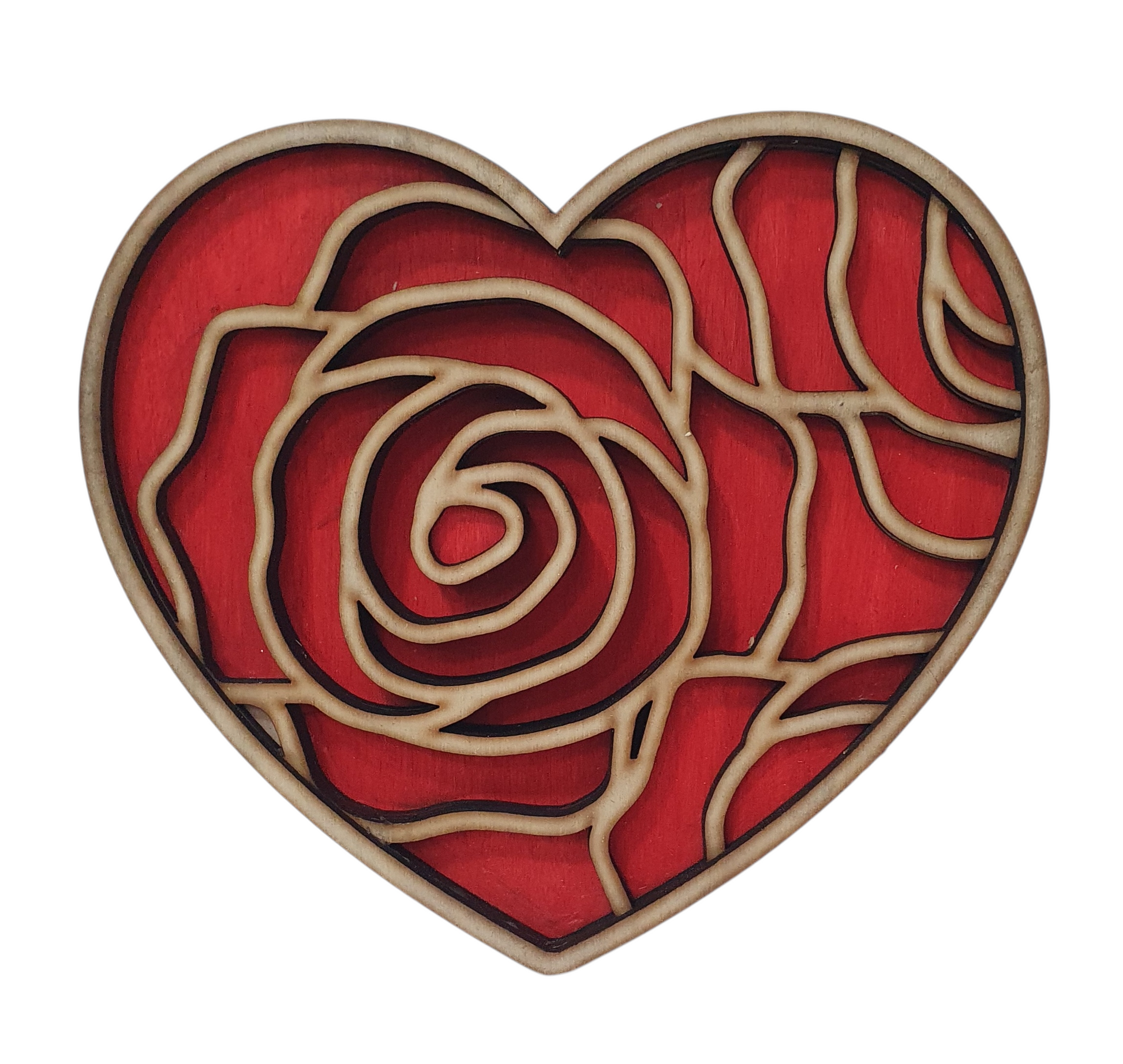 Multi layered wooden heart decoration with deep 3D effect and flowing heart pattern
