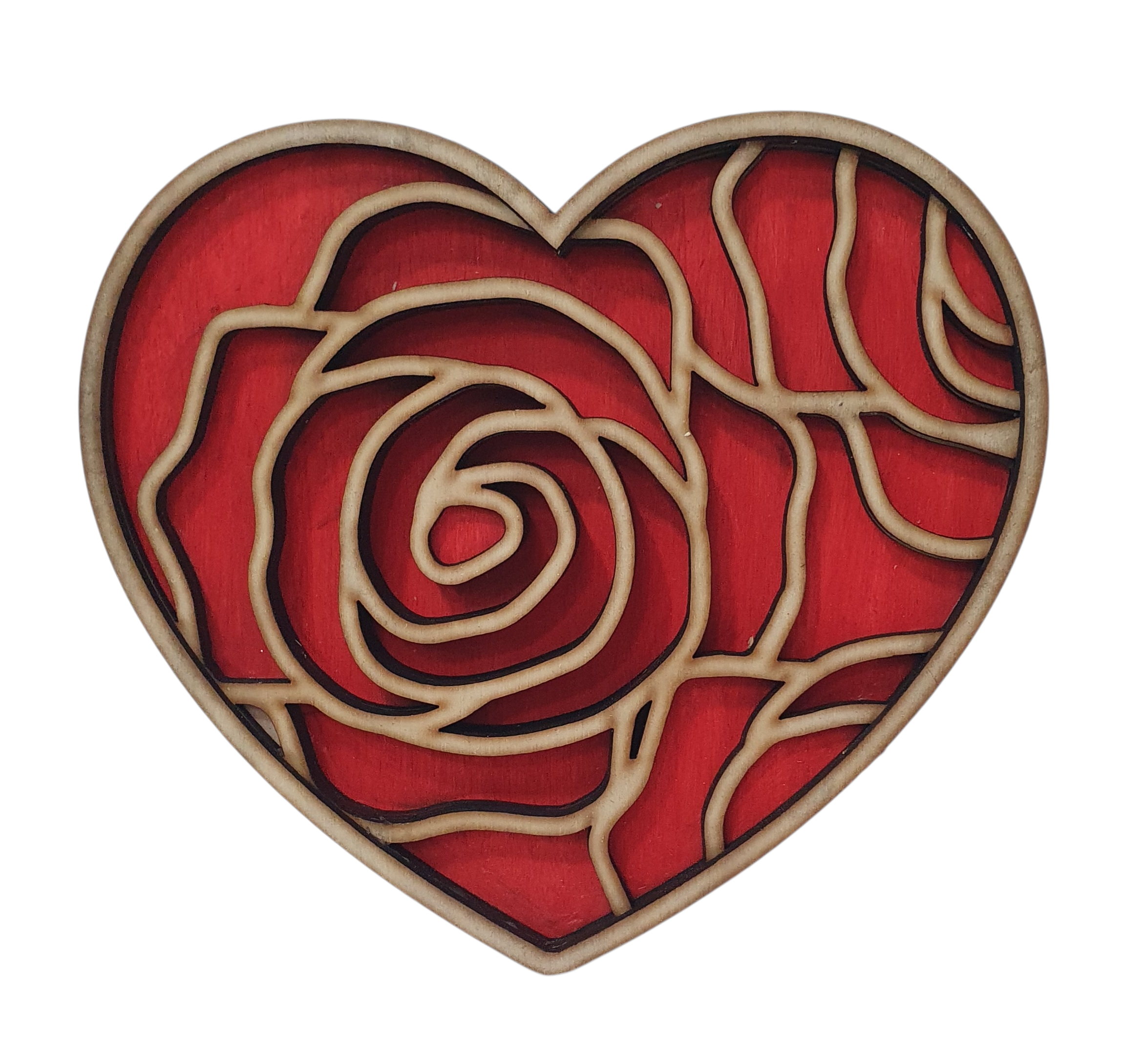 Multi layered wooden heart decoration with deep 3D effect and flowing heart pattern