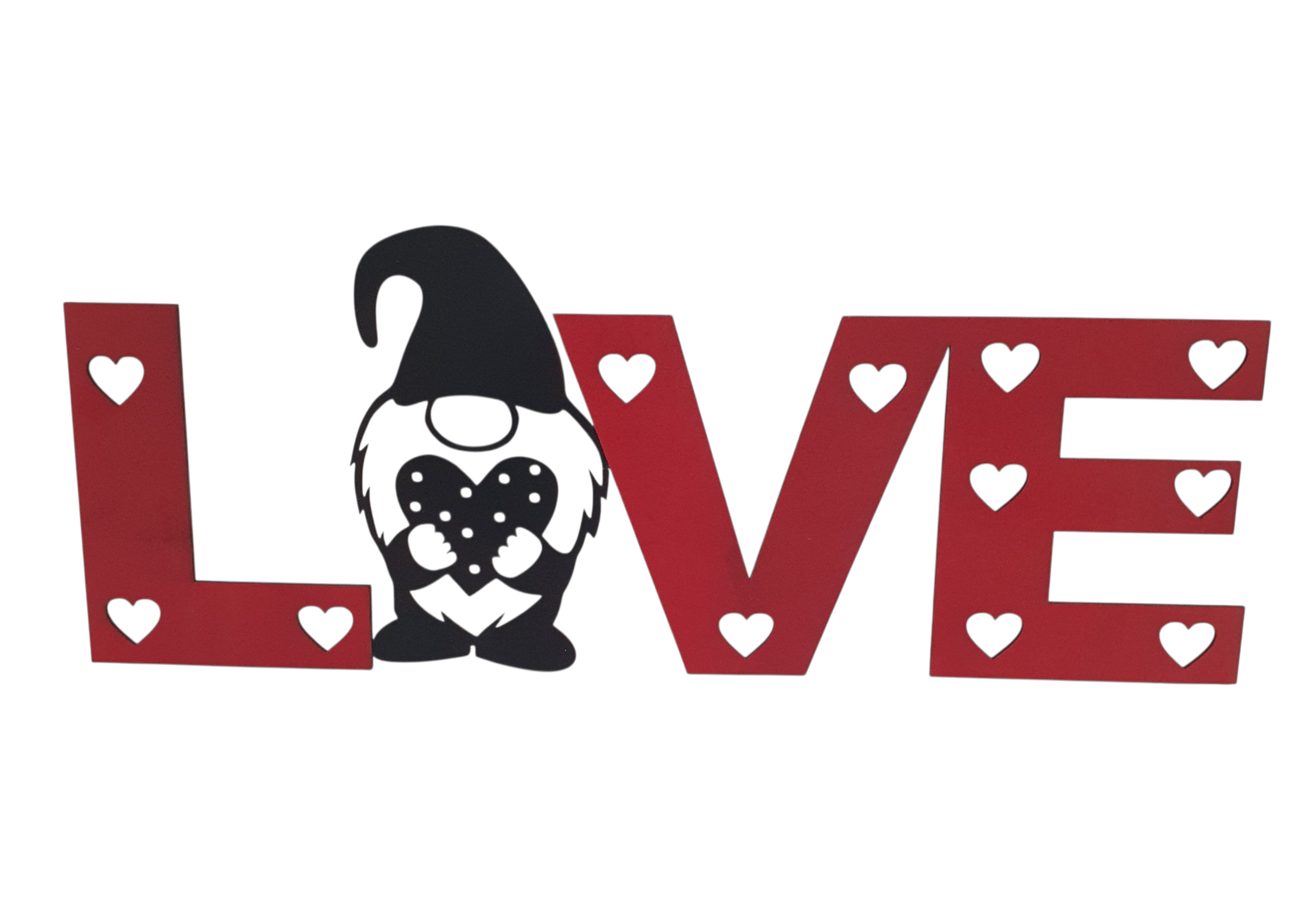 Extra large LOVE wooden wall sign with gnome holding a heart, red lettering