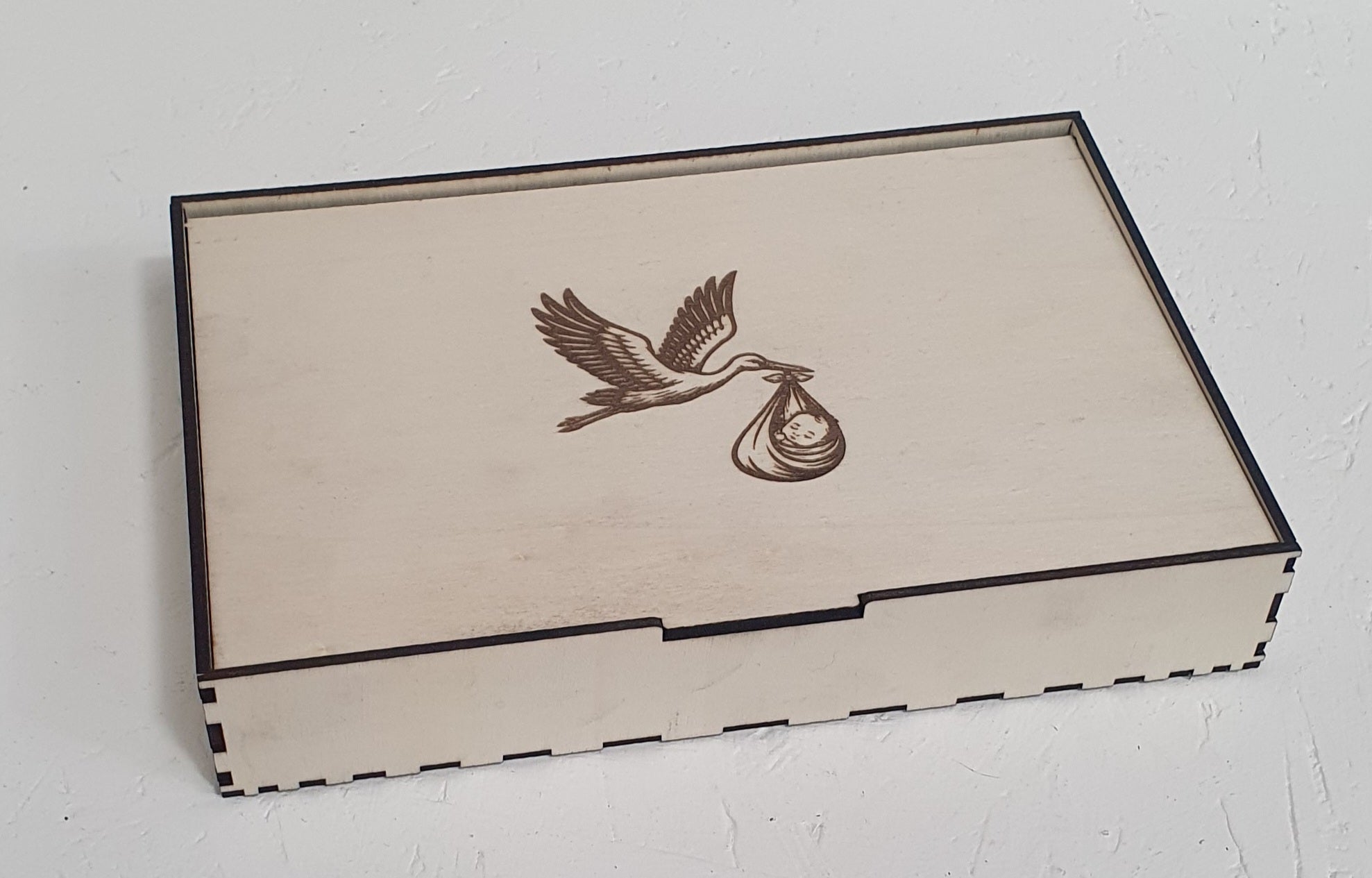 Wooden baby keepsake box with stork carrying baby engraving, natural wood memory box for newborn gifts