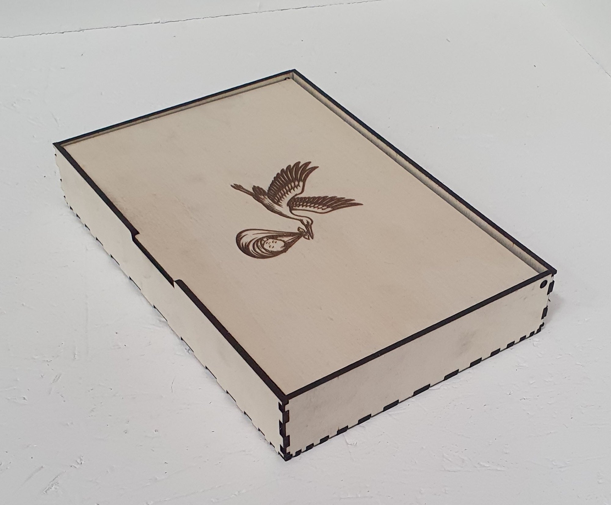 Wooden baby keepsake box with stork carrying baby engraving, natural wood memory box for newborn gifts