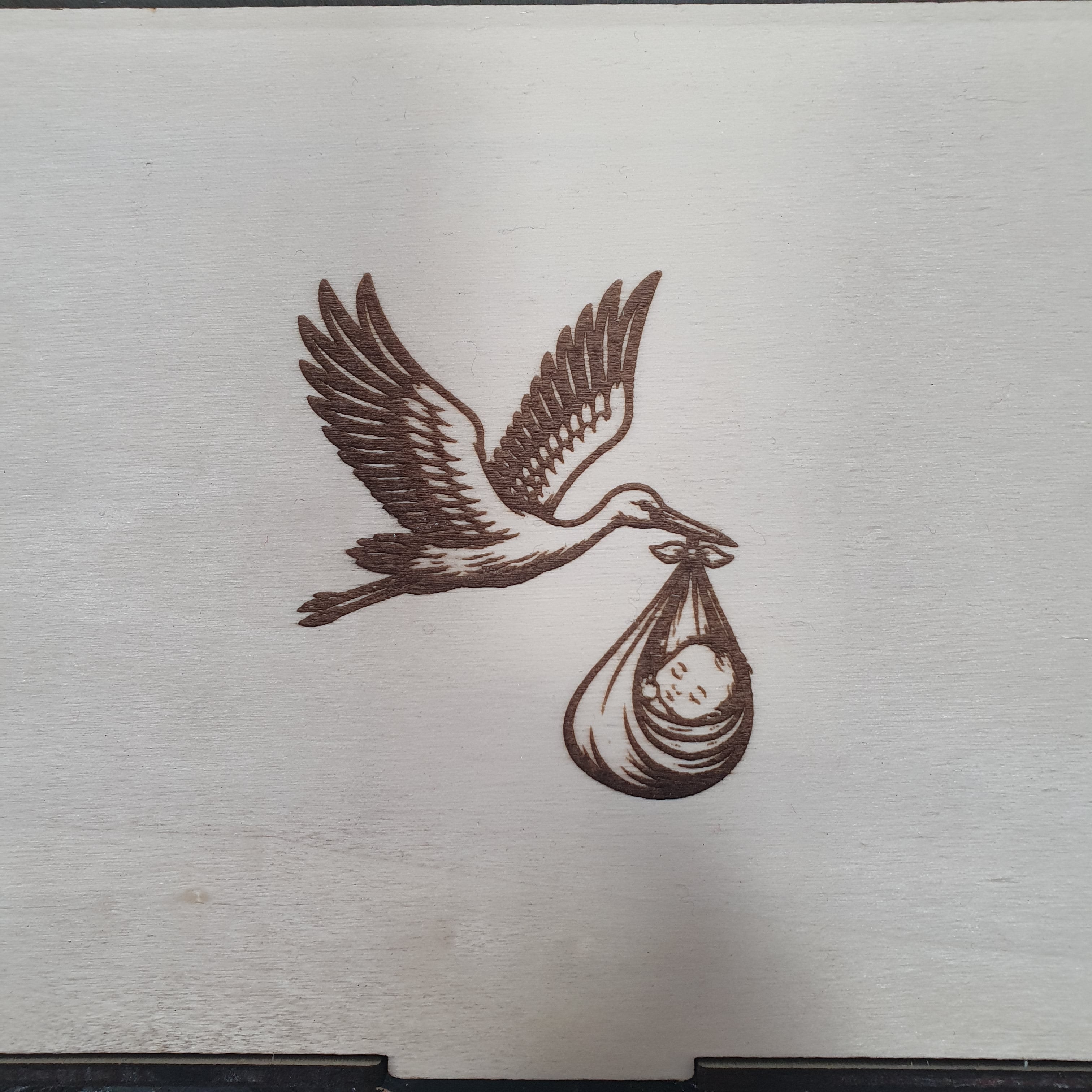 Wooden baby keepsake box with stork carrying baby engraving, natural wood memory box for newborn gifts