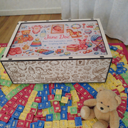 Personalised wooden baby keepsake box with sliding lid and colourful photo top
