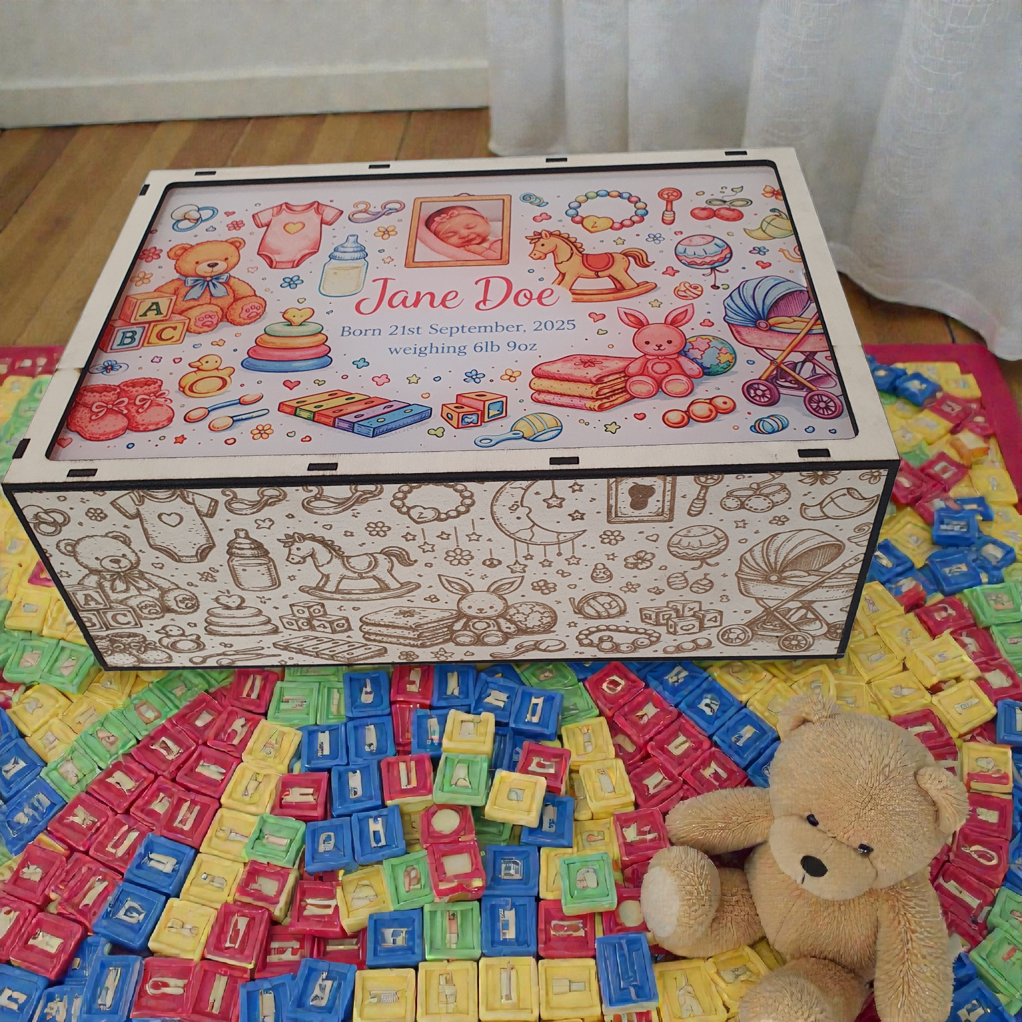 Personalised wooden baby keepsake box with sliding lid and colourful photo top