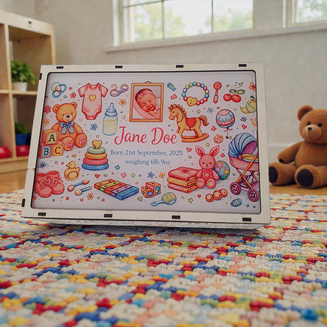 Baby keepsake box showing personalised photo lid with name, date and birth weight