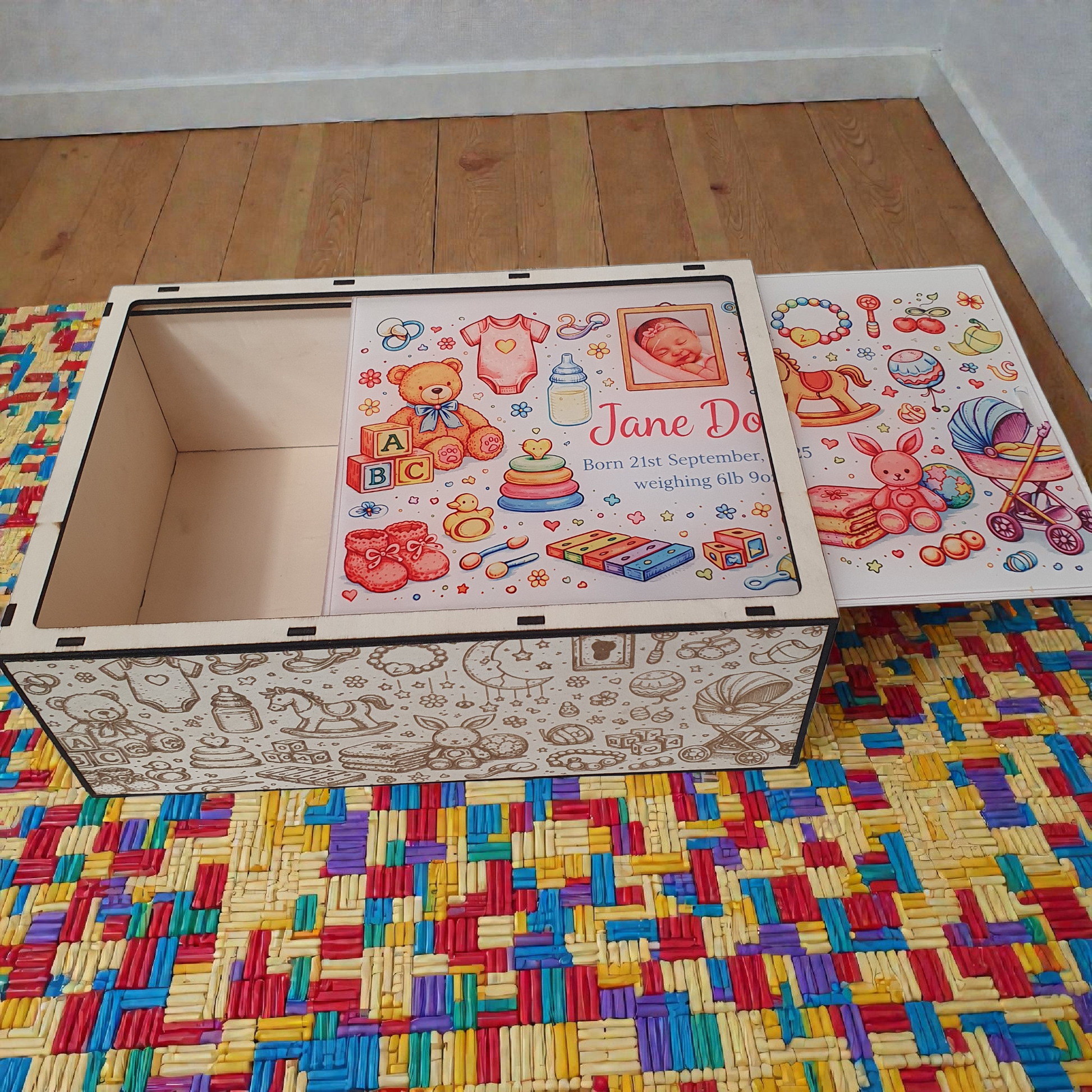 Personalised baby keepsake box open showing spacious interior