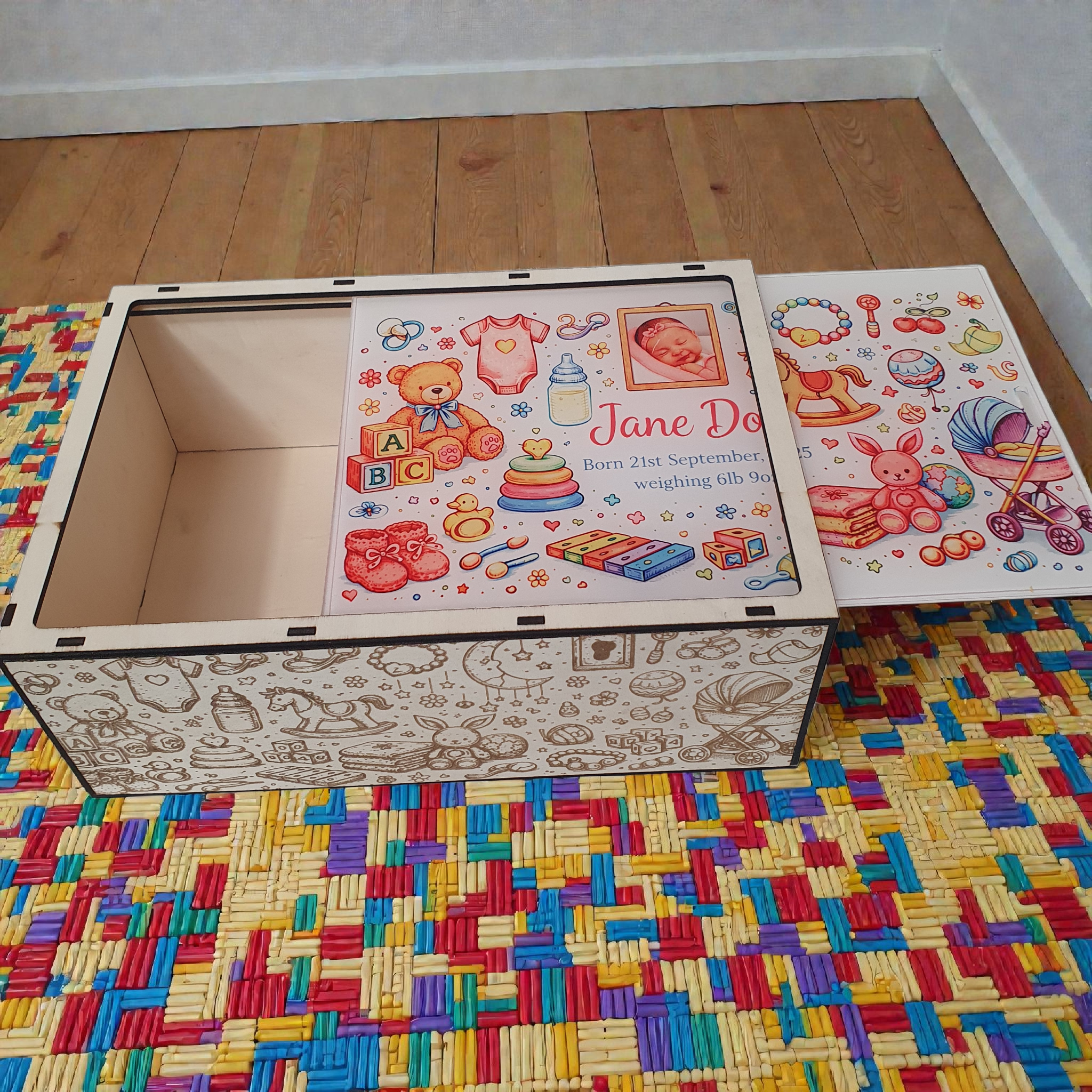 Personalised baby keepsake box open showing spacious interior