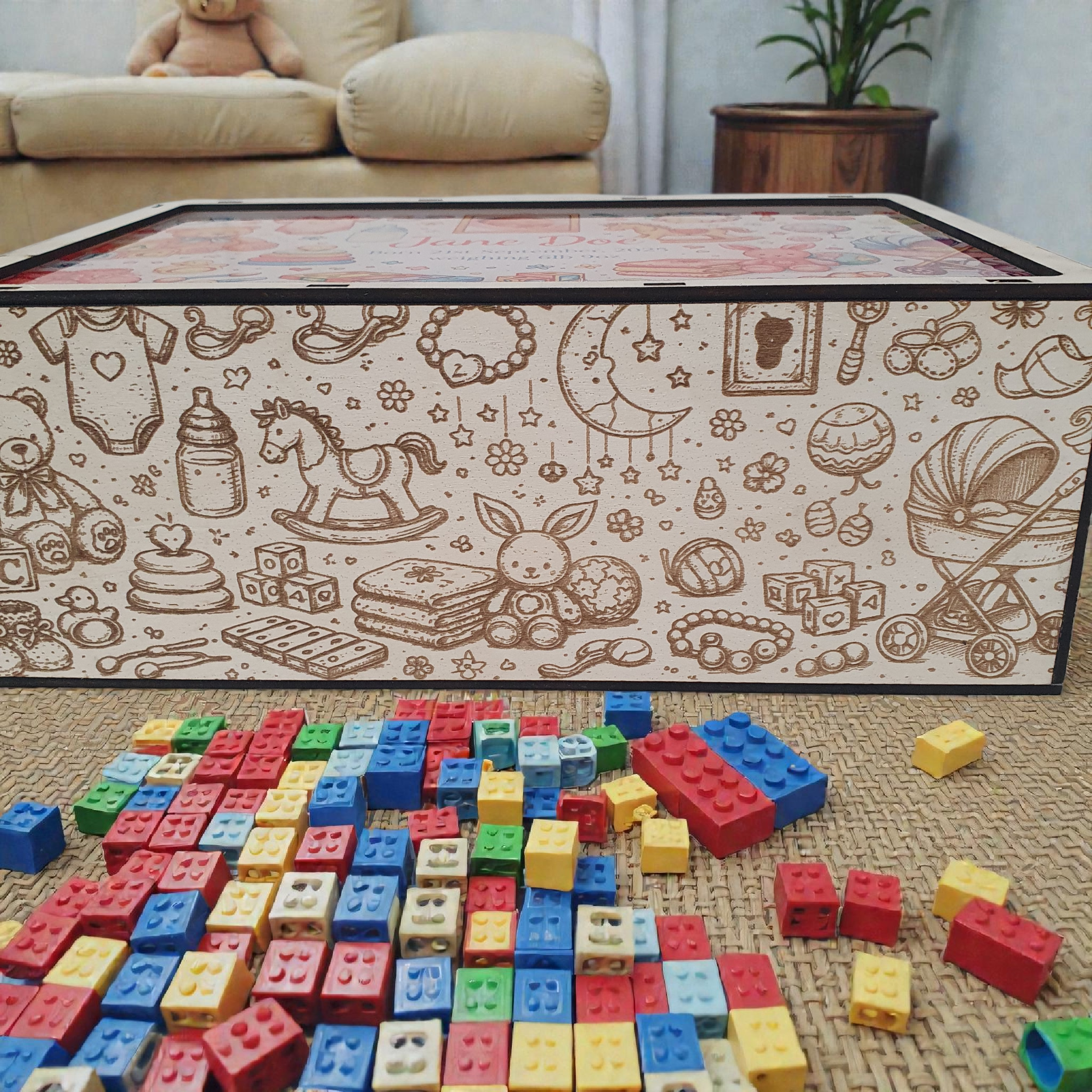 Personalised baby keepsake box open showing spacious interior