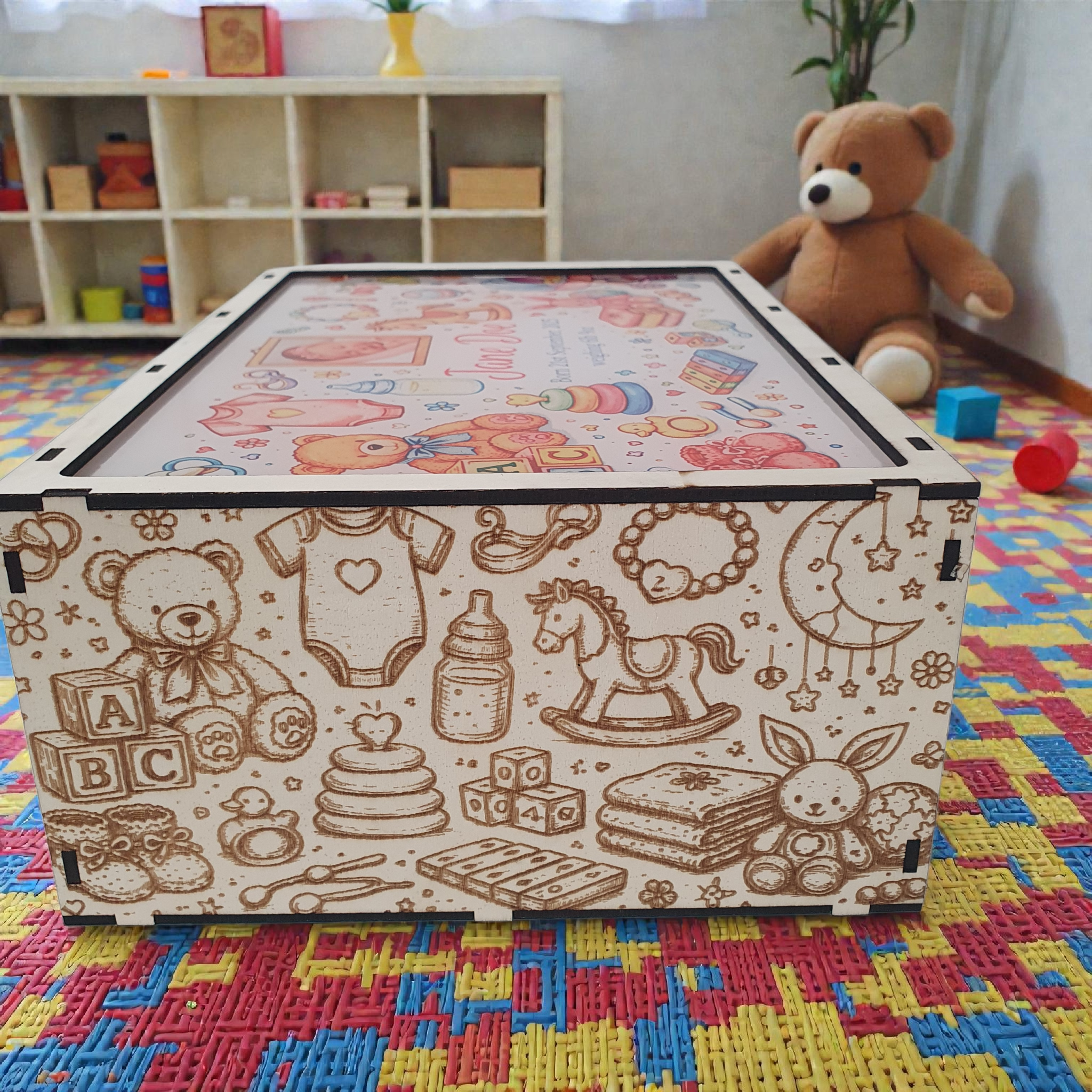 Personalised baby memory box designed to store newborn keepsakes safely