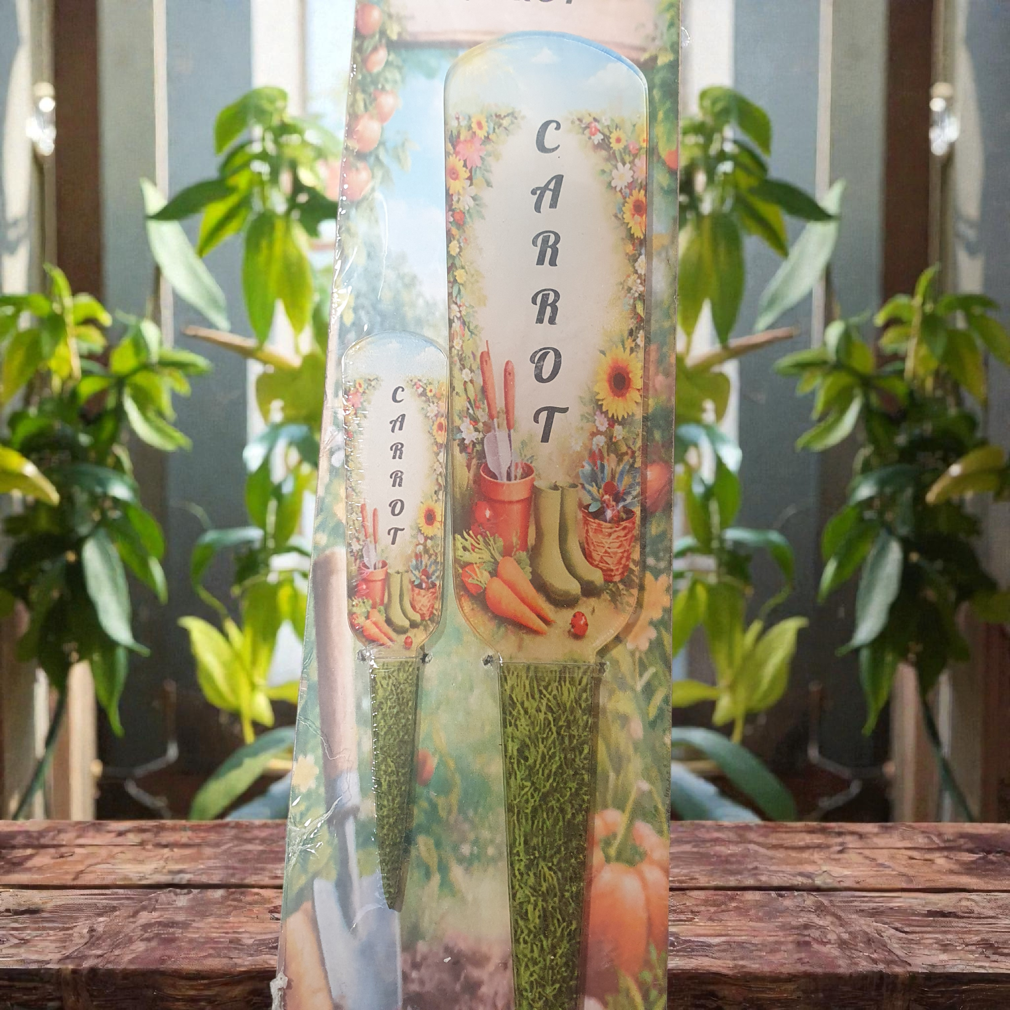 Herb garden marker set in greenhouse with waterproof finish and vibrant plant name print.