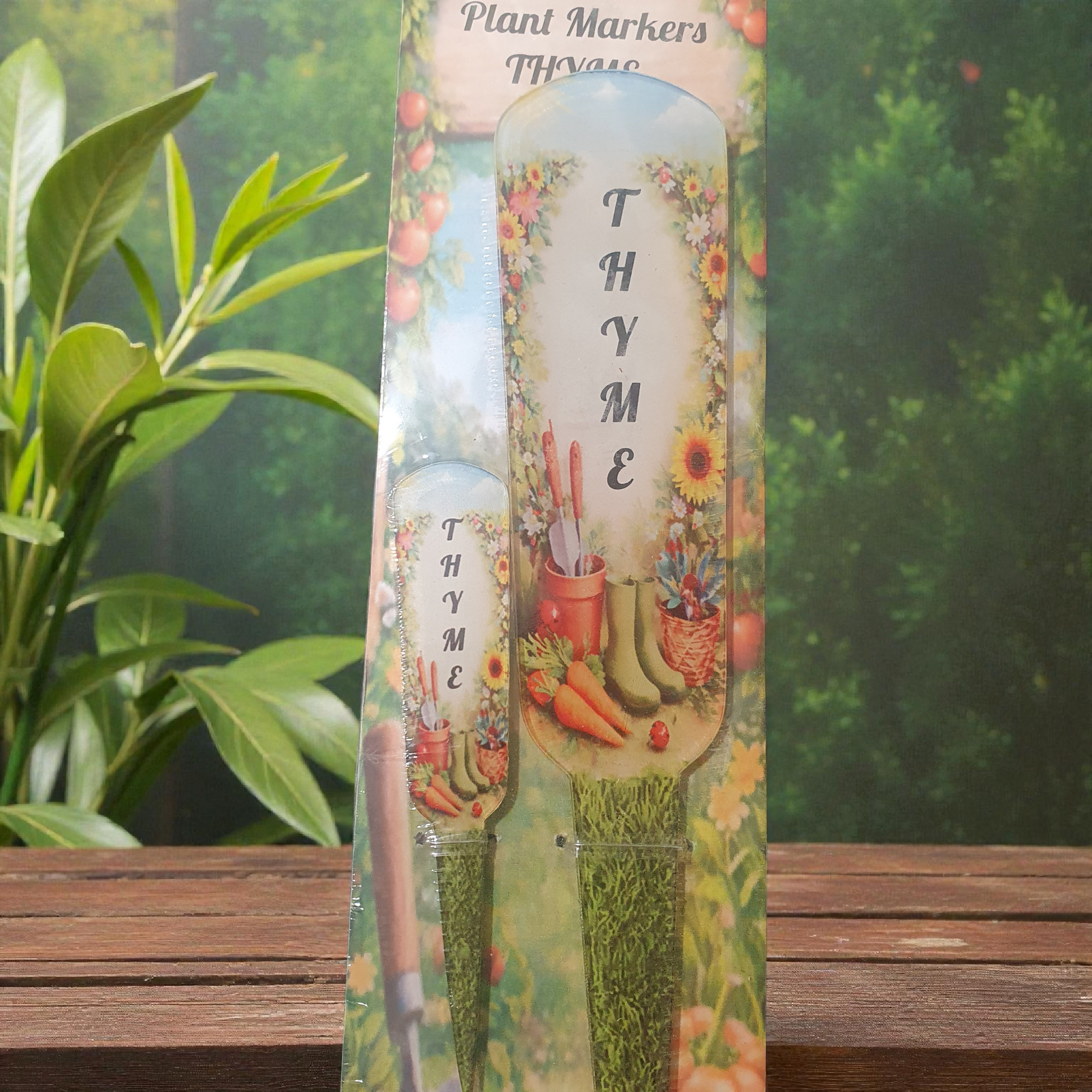 Custom Plant Markers set of two showing 10cm indoor pot label and 20cm outdoor waterproof garden stake.