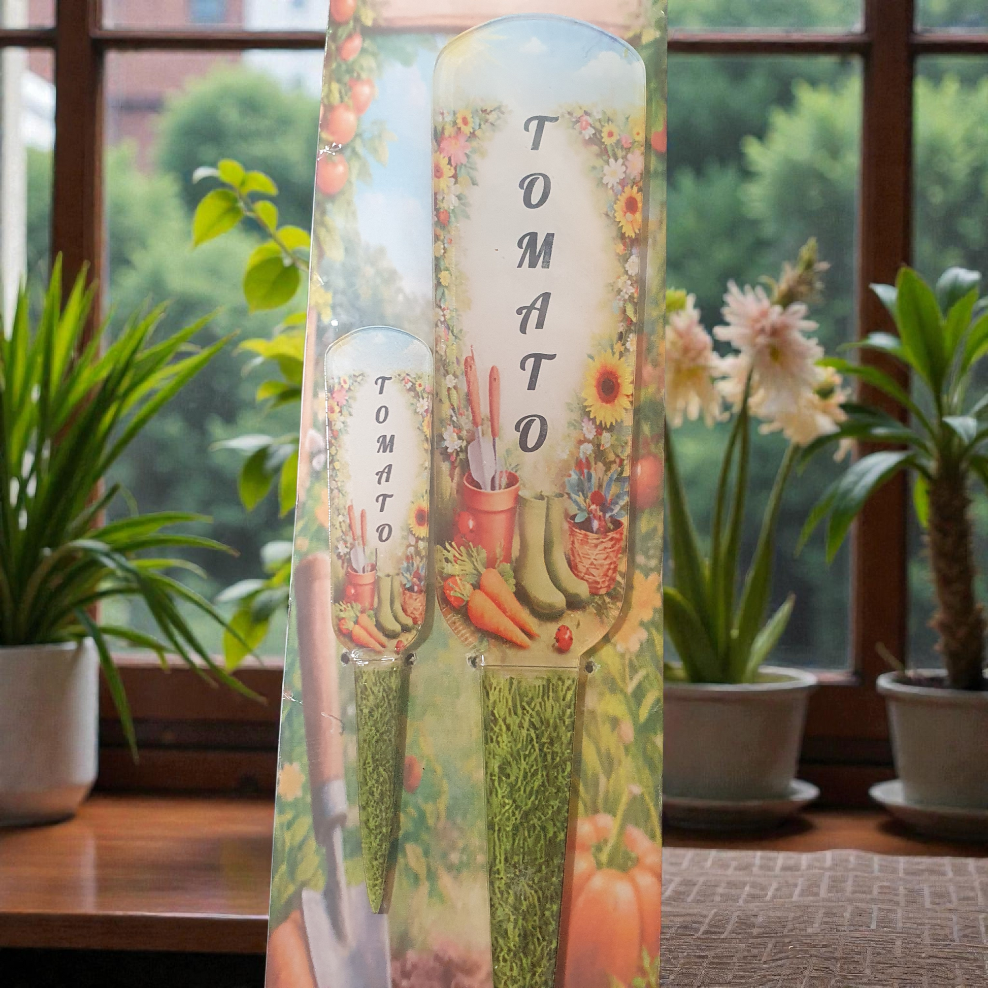 Multiple personalised plant markers displayed together for vegetables, herbs and flowers.