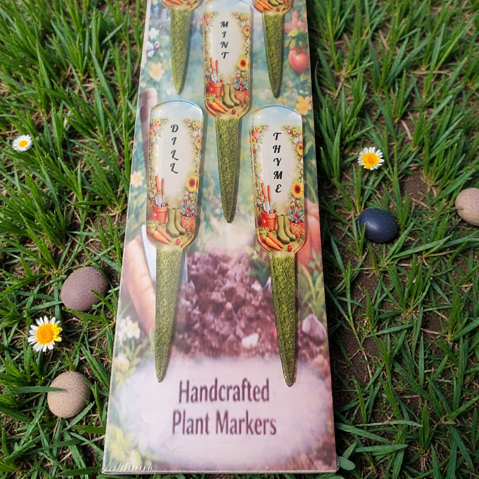 Close-up of herb plant markers in packaging showing Mint, Dill and Thyme labels with decorative botanical artwork, handcrafted acrylic 10cm garden stakes for herb gardens.