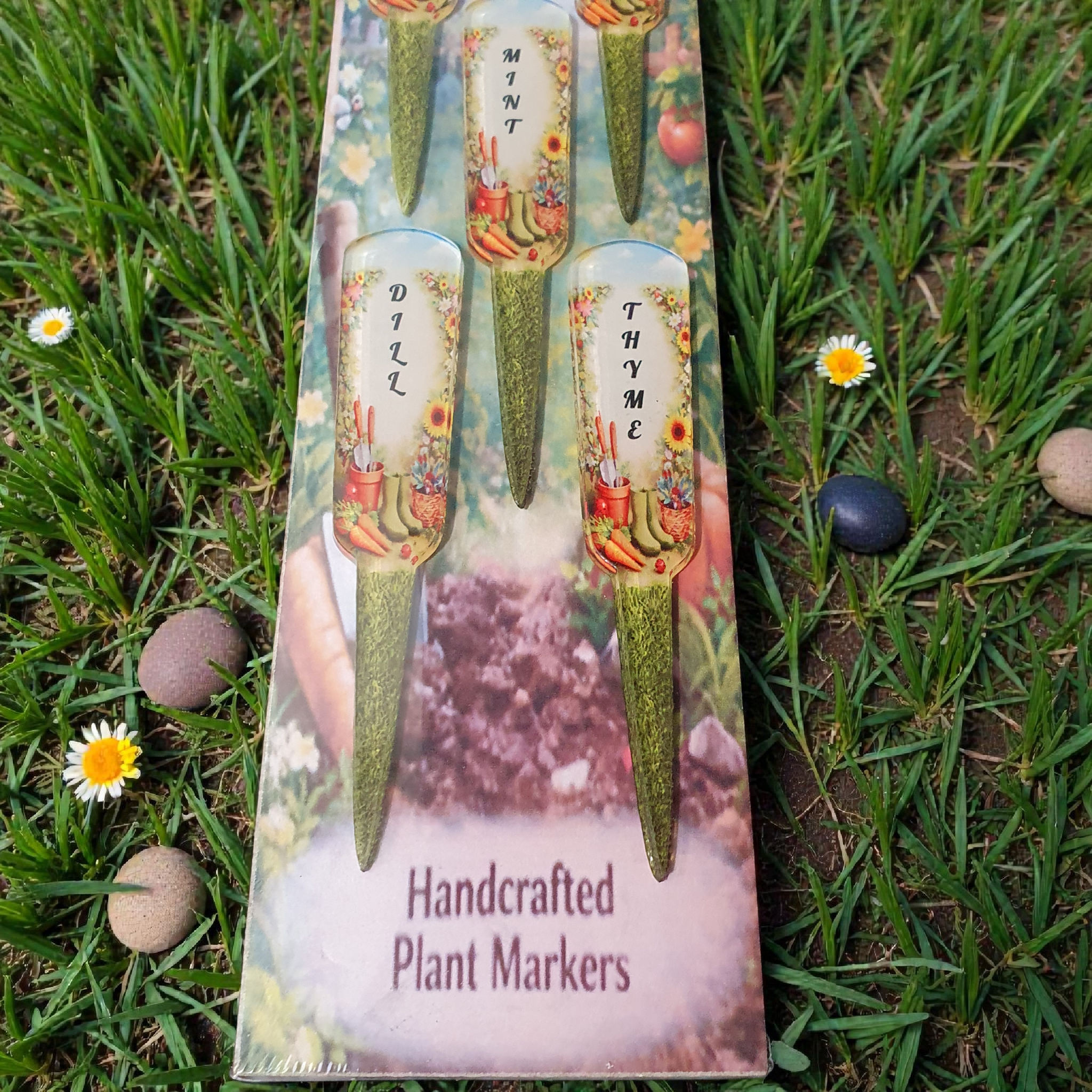 Close-up of herb plant markers in packaging showing Mint, Dill and Thyme labels with decorative botanical artwork, handcrafted acrylic 10cm garden stakes for herb gardens.