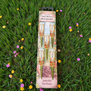 Pack of five handcrafted herb plant markers displayed in grass with pink and yellow flowers, labelled Rosemary, Basil, Coriander, Oregano and Sage, presented in retail packaging.