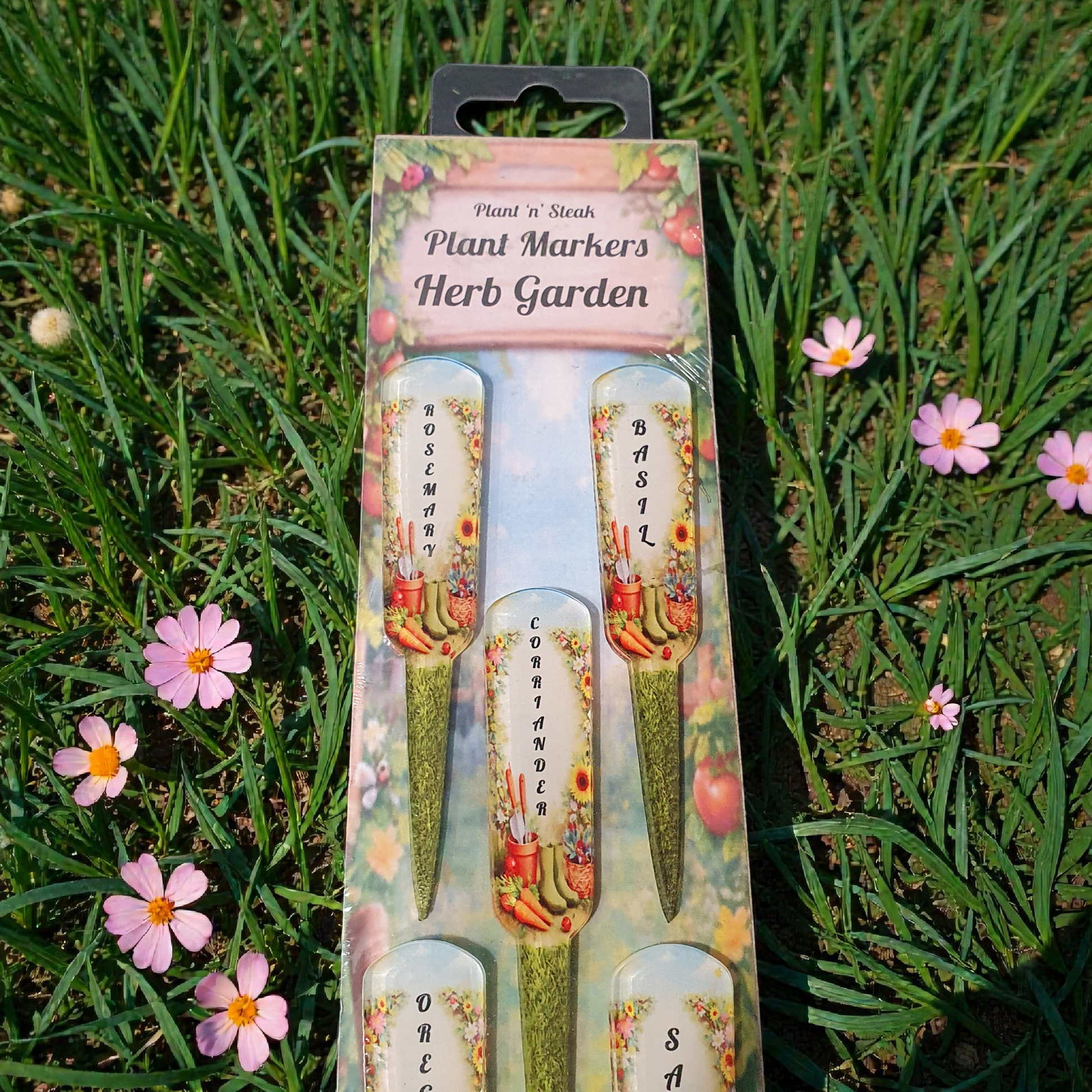 Close-up of acrylic herb garden markers showing decorative vegetable illustrations and the names Oregano and Sage on 10cm green plant stakes