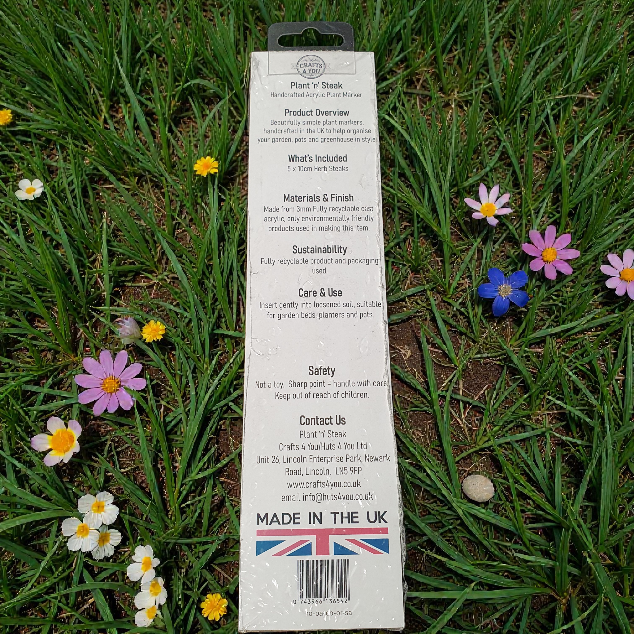 Back of herb plant marker packaging showing product details, sustainability information, care instructions and Made in the UK branding.
