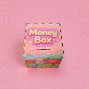 Front view of pink children’s money box with “Money Box” text on lid and pastel toy-themed design, 10x10x10cm acrylic piggy bank.