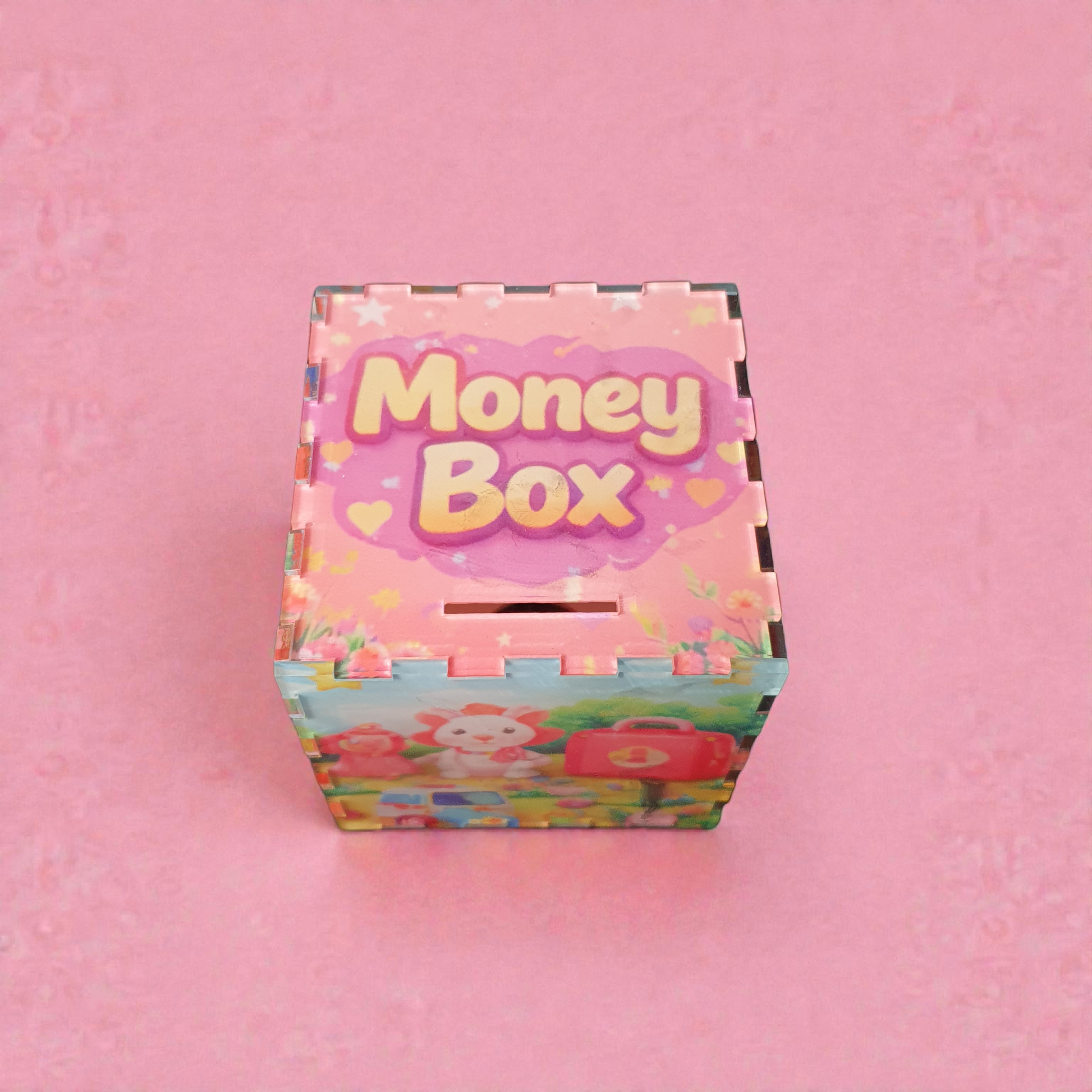 Front view of pink children’s money box with “Money Box” text on lid and pastel toy-themed design, 10x10x10cm acrylic piggy bank.
