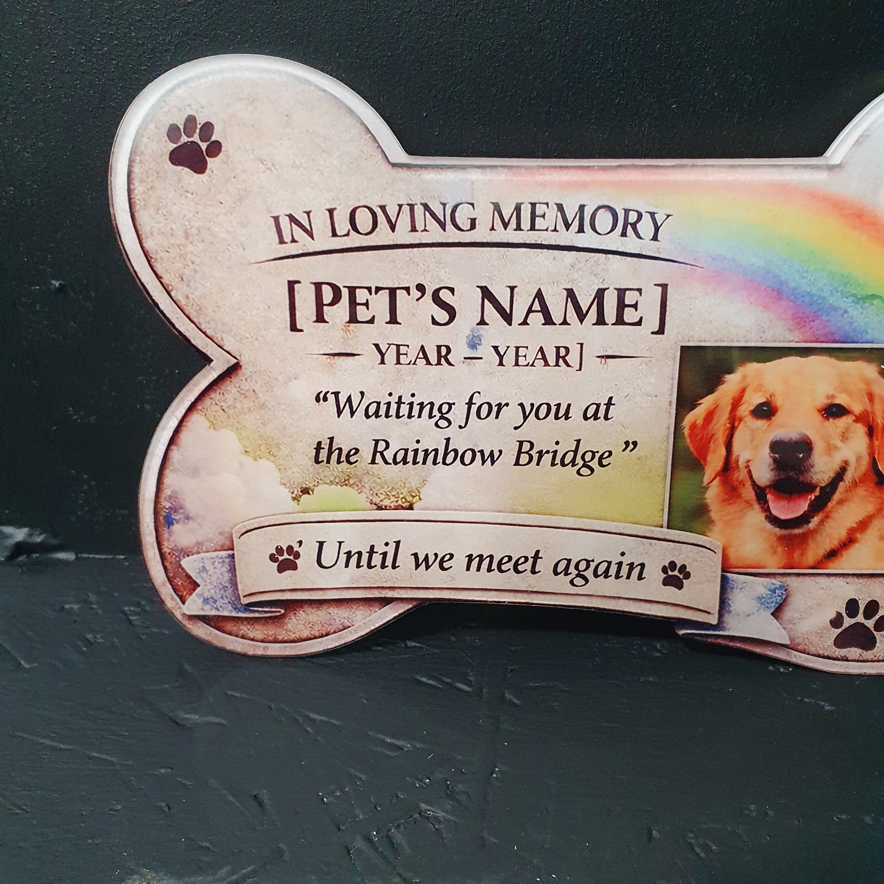 Bone shaped personalised cat or dog memorial with photo insert, Rainbow Bridge sympathy gift for pet lovers.