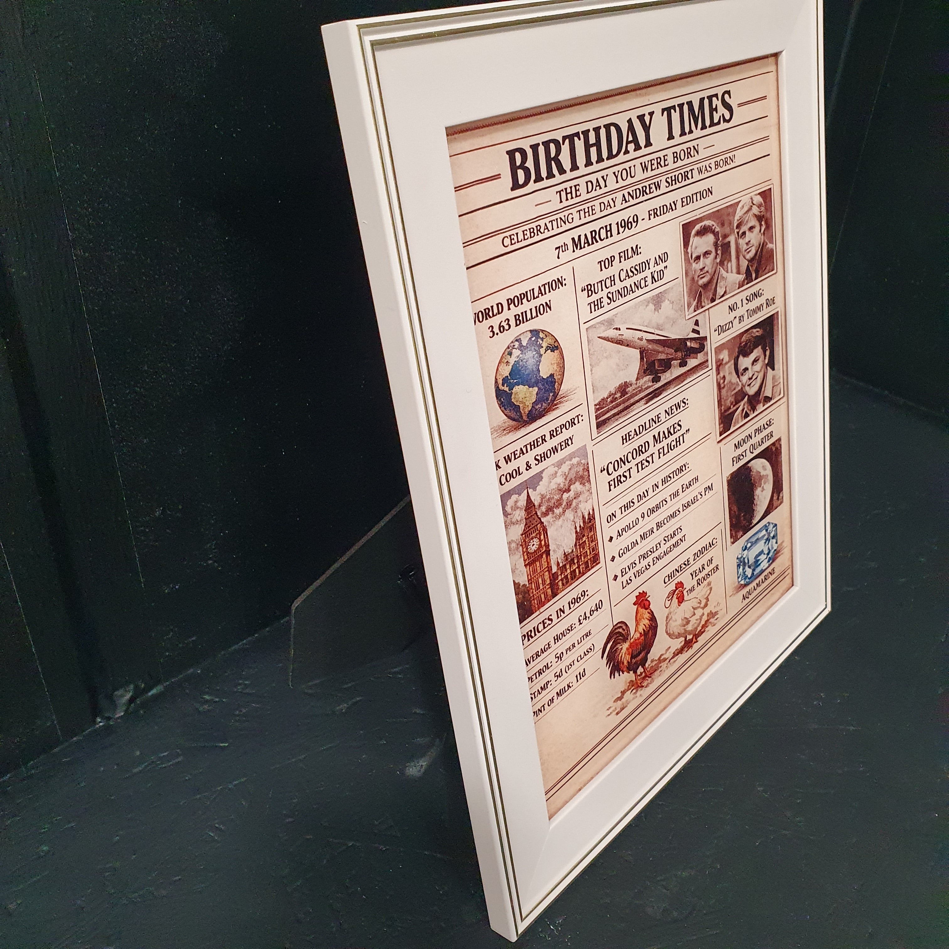 Framed year you were born print showing top film, number one song, world events and prices from the birthday year.