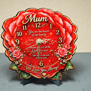 Rose shaped Mum clock with red floral design and gold detailing, sentimental Mother’s Day gift for mum, 15cm freestanding keepsake desk clock.
