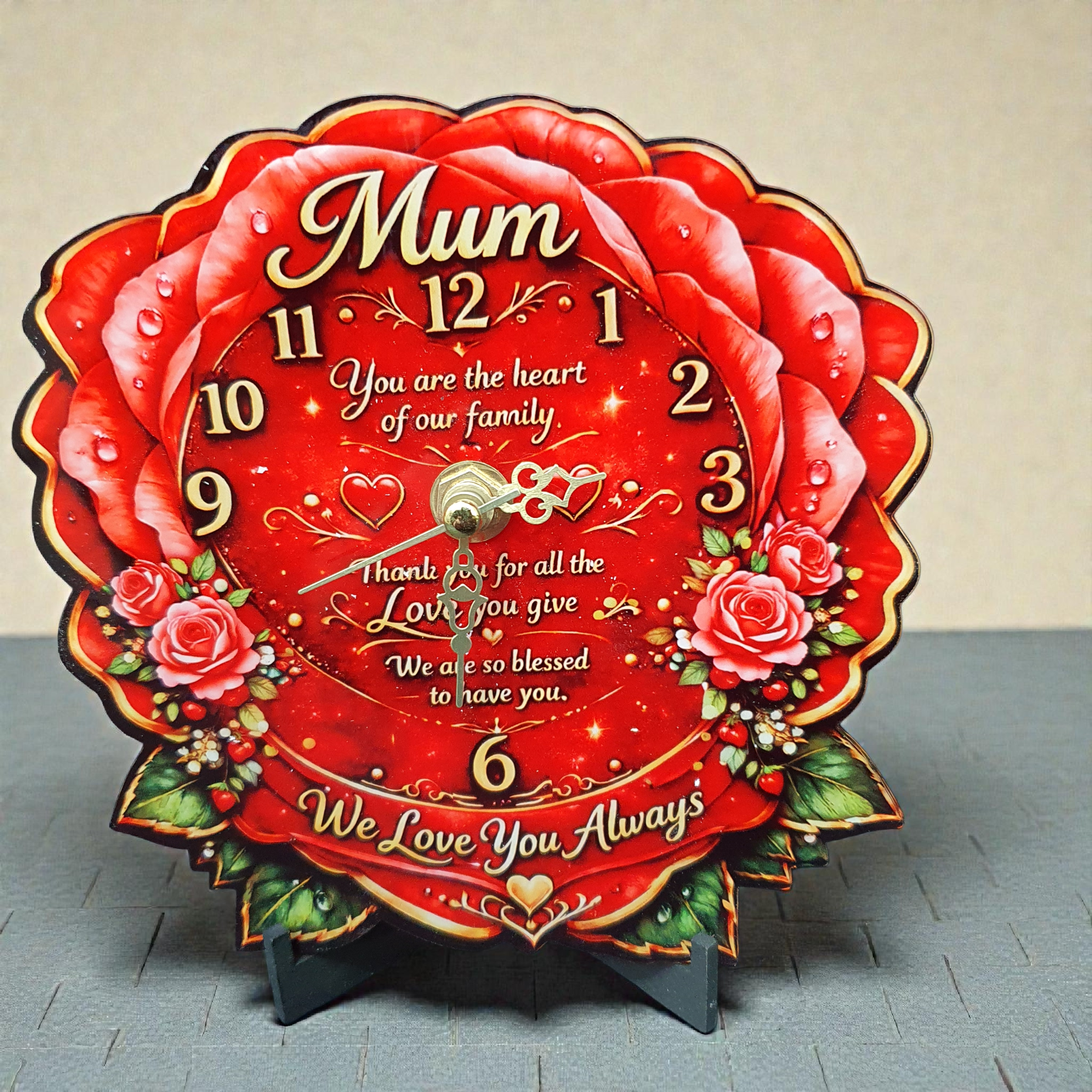 Rose shaped Mum clock with red floral design and gold detailing, sentimental Mother’s Day gift for mum, 15cm freestanding keepsake desk clock.