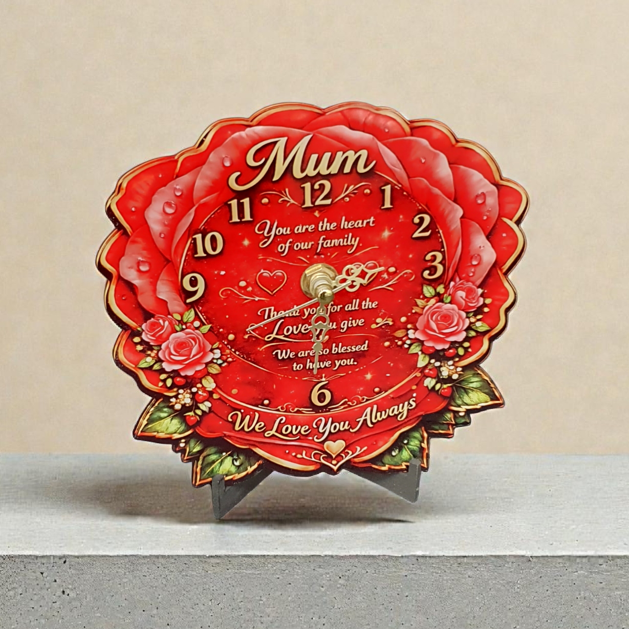 Close up of floral Mum keepsake clock featuring heartfelt message and decorative roses, perfect birthday or Mother’s Day gift from daughter or son.