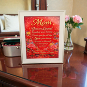 Framed Mum Mother’s Day message printed on 25x20cm acrylic with high gloss finish, featuring vibrant red floral design and heartfelt poem from family.