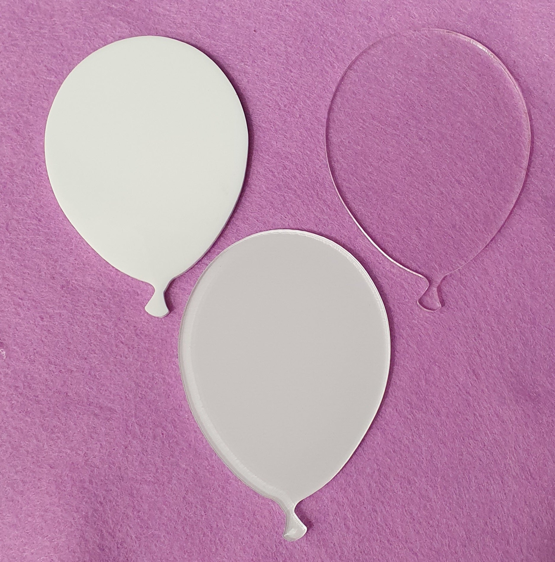3mm cast acrylic balloon blanks measuring 7cm x 10cm available in clear, white and sublimation reverse finishes with smooth laser cut edges.