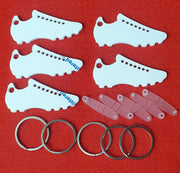 3mm cast acrylic football boot keyring blanks measuring 6.3cm x 3cm with detailed cut design and smooth laser finished edges.