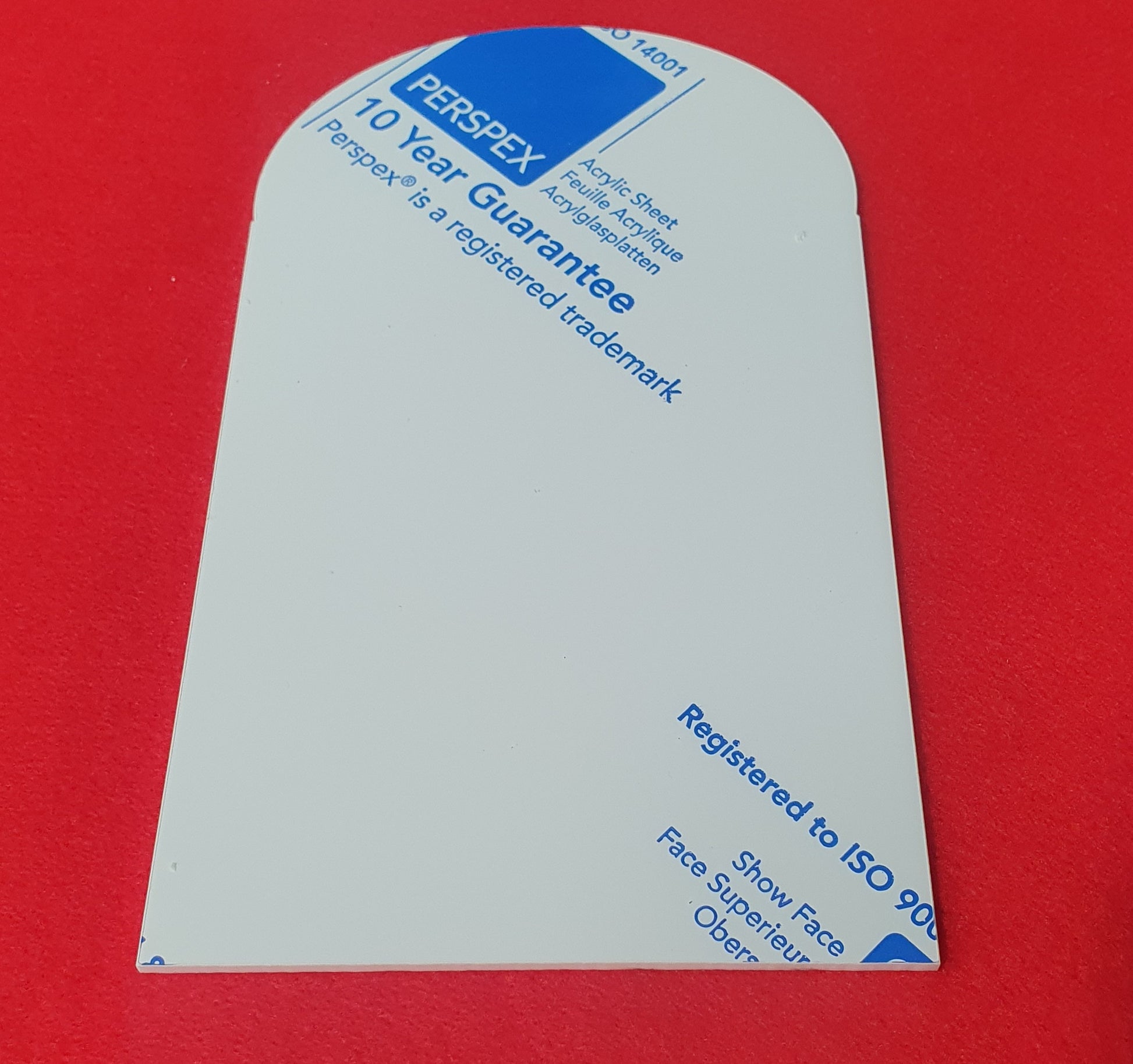 White acrylic arch sign panel close up showing solid surface suitable for vinyl, sublimation and UV printing.