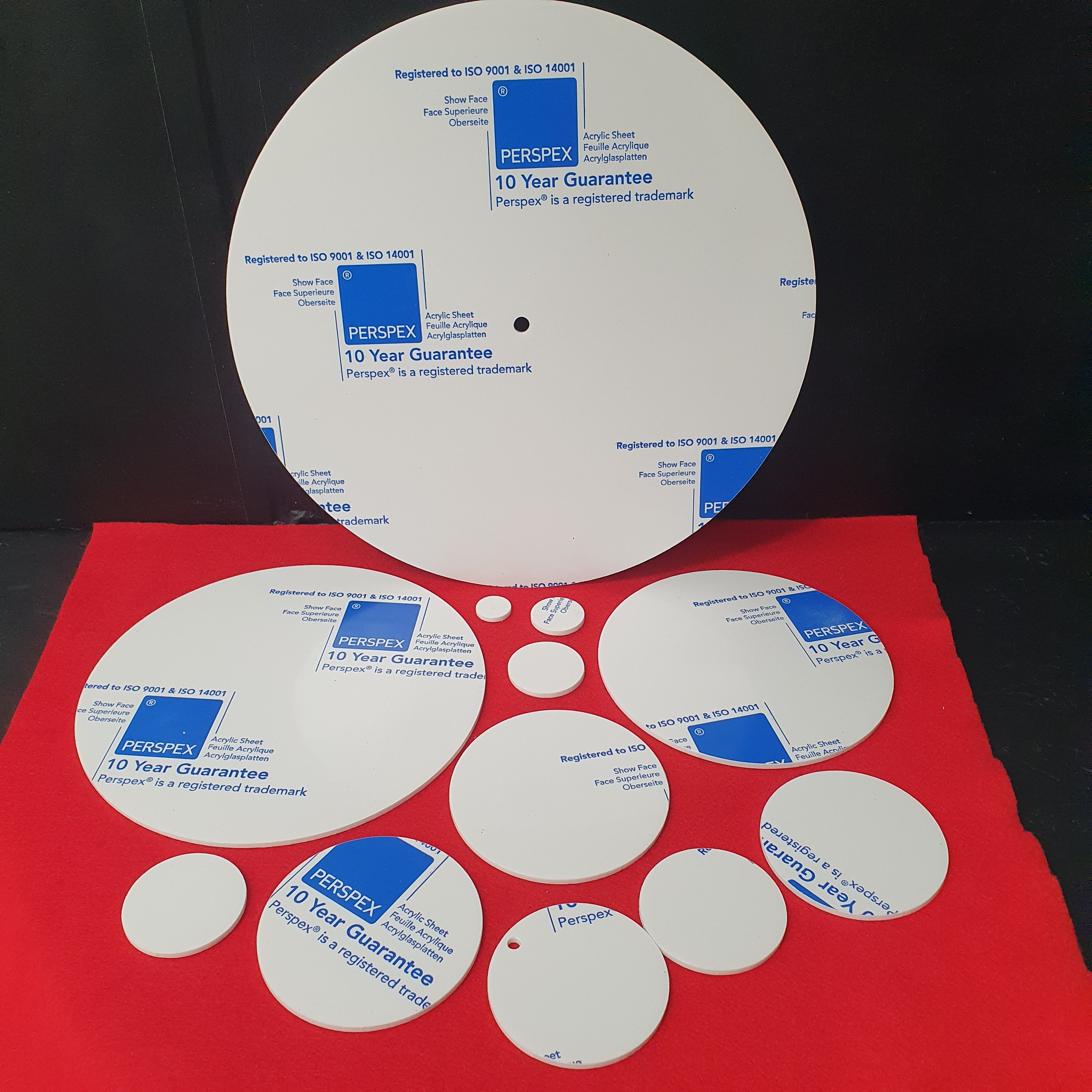 Various sizes of precision laser cut acrylic discs and circles made from premium 3mm cast acrylic for crafts, signage, sublimation and clock making projects.