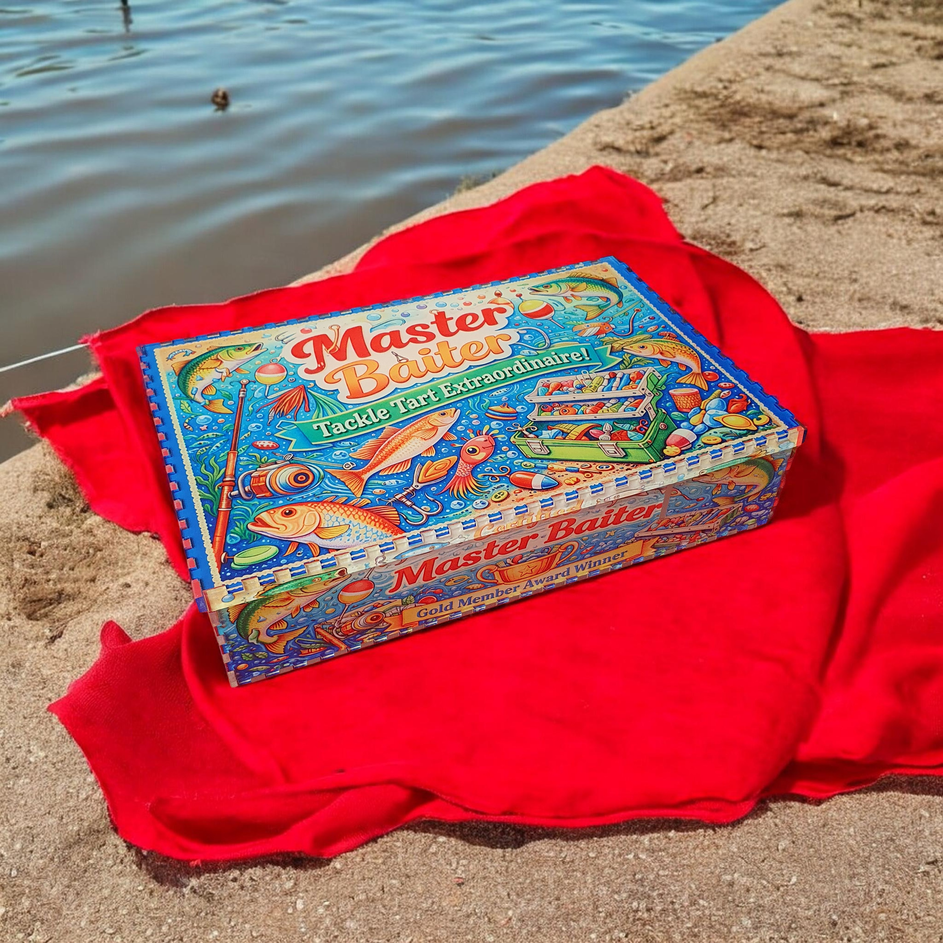 Funny acrylic fishing tackle box with bold cheeky graphic design on the lid