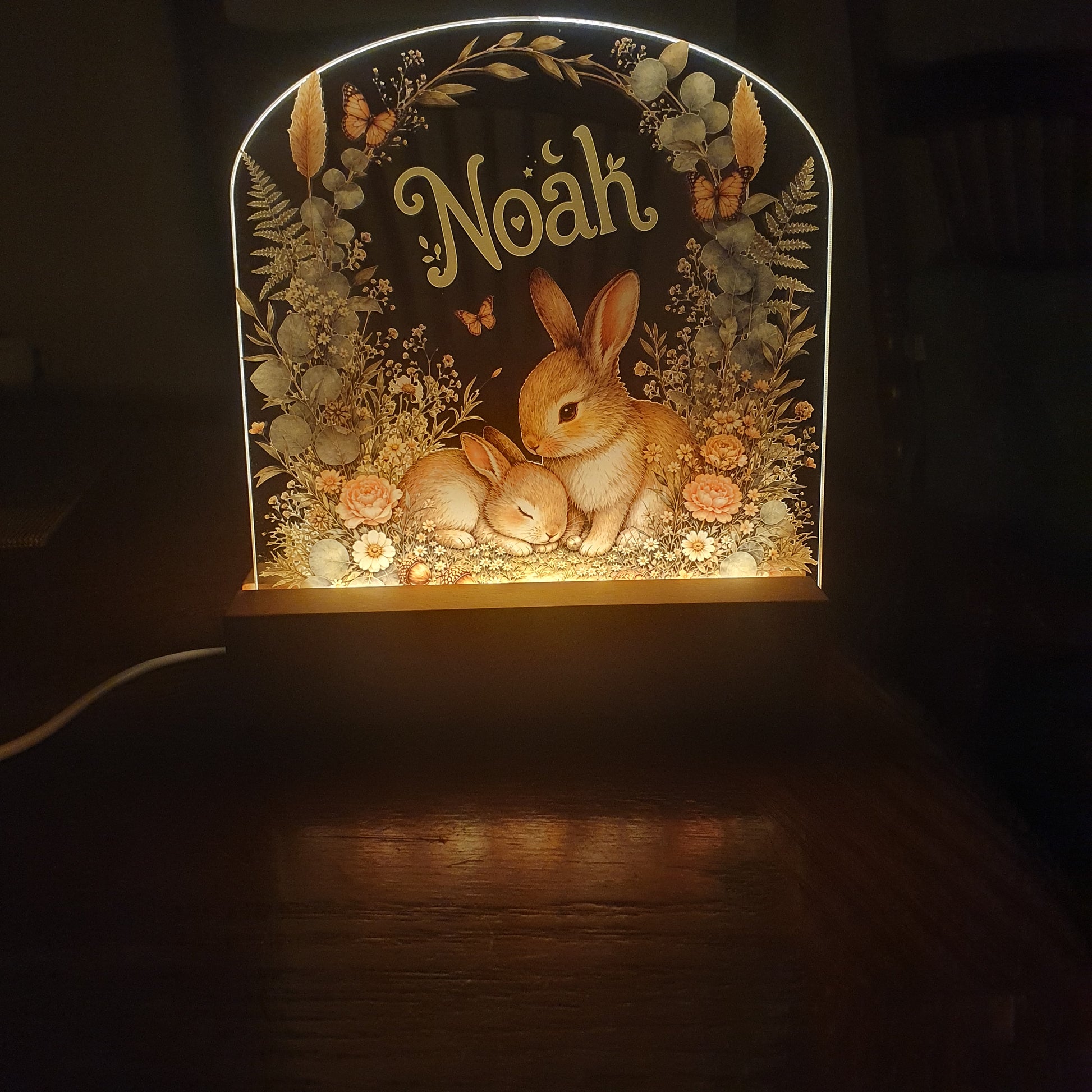 A decorative illuminated sign or lamp featuring a bunny illustration and the name 'Noah' in script, photographed in a dark room with warm light shining to the right.