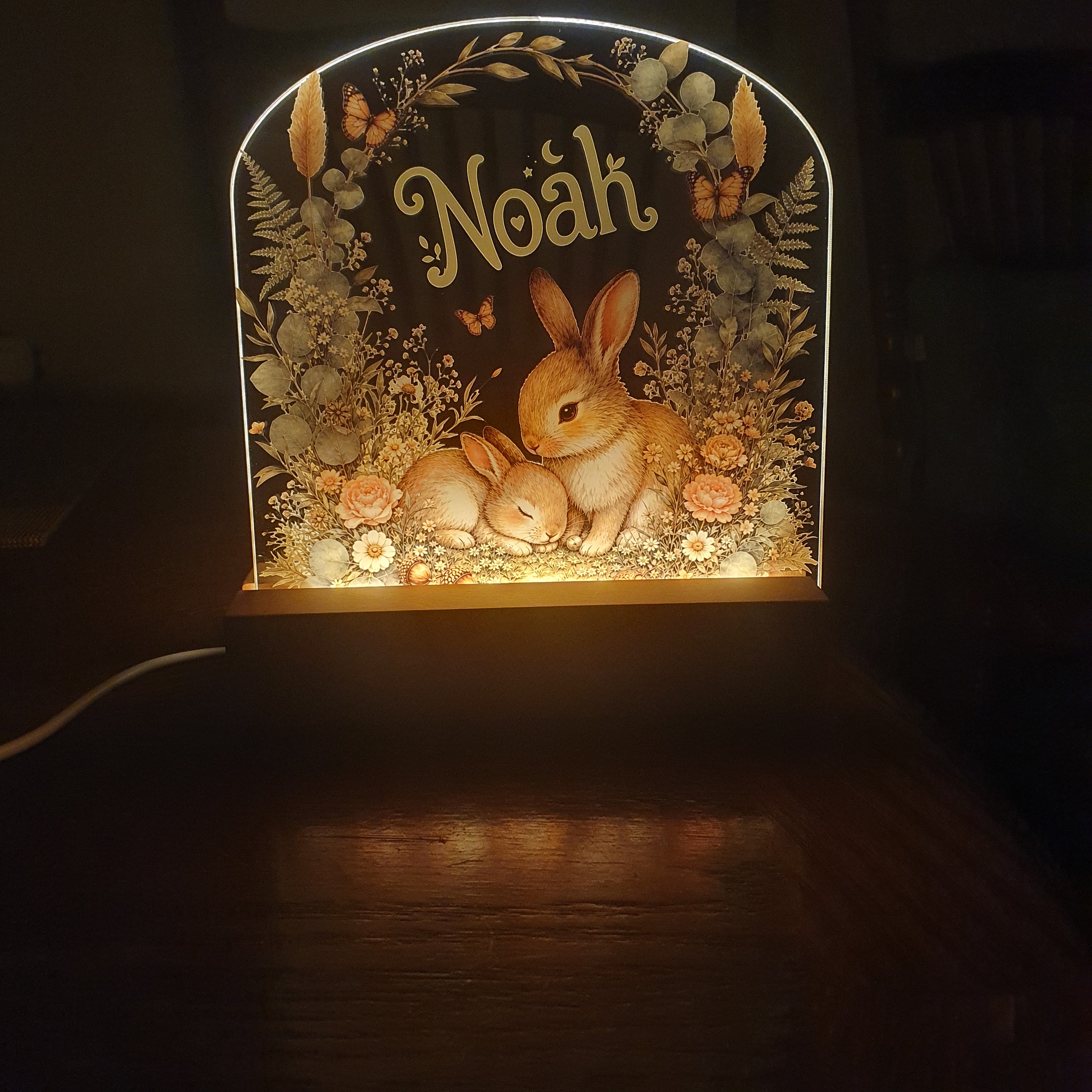 A decorative illuminated sign or lamp featuring a bunny illustration and the name 'Noah' in script, photographed in a dark room with warm light shining to the right.