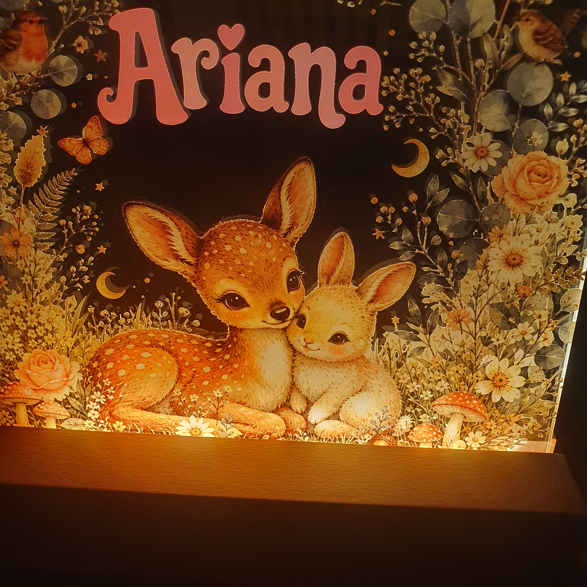 Bespoke acrylic LED lamp personalised with any name, showcasing a charming woodland deer and bunny illustration, perfect for nurseries, baby bedrooms and children's rooms.