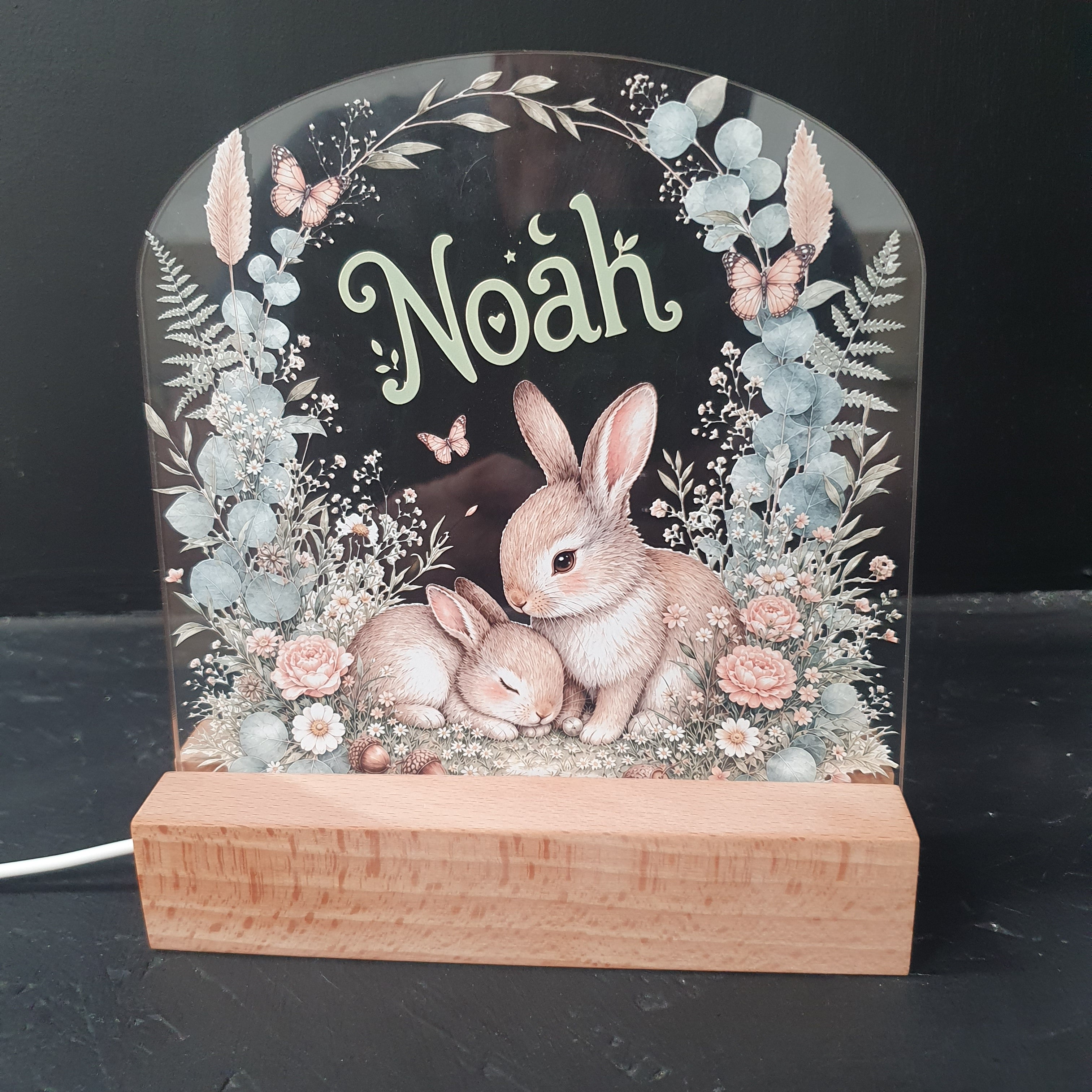 A personalized acrylic LED night light featuring an illustration of a mother rabbit and her baby, surrounded by eucalyptus leaves and flowers, with the name 'Noah' written in script. The light has a light wood-grain side panel and is shown illuminated against a dark background.